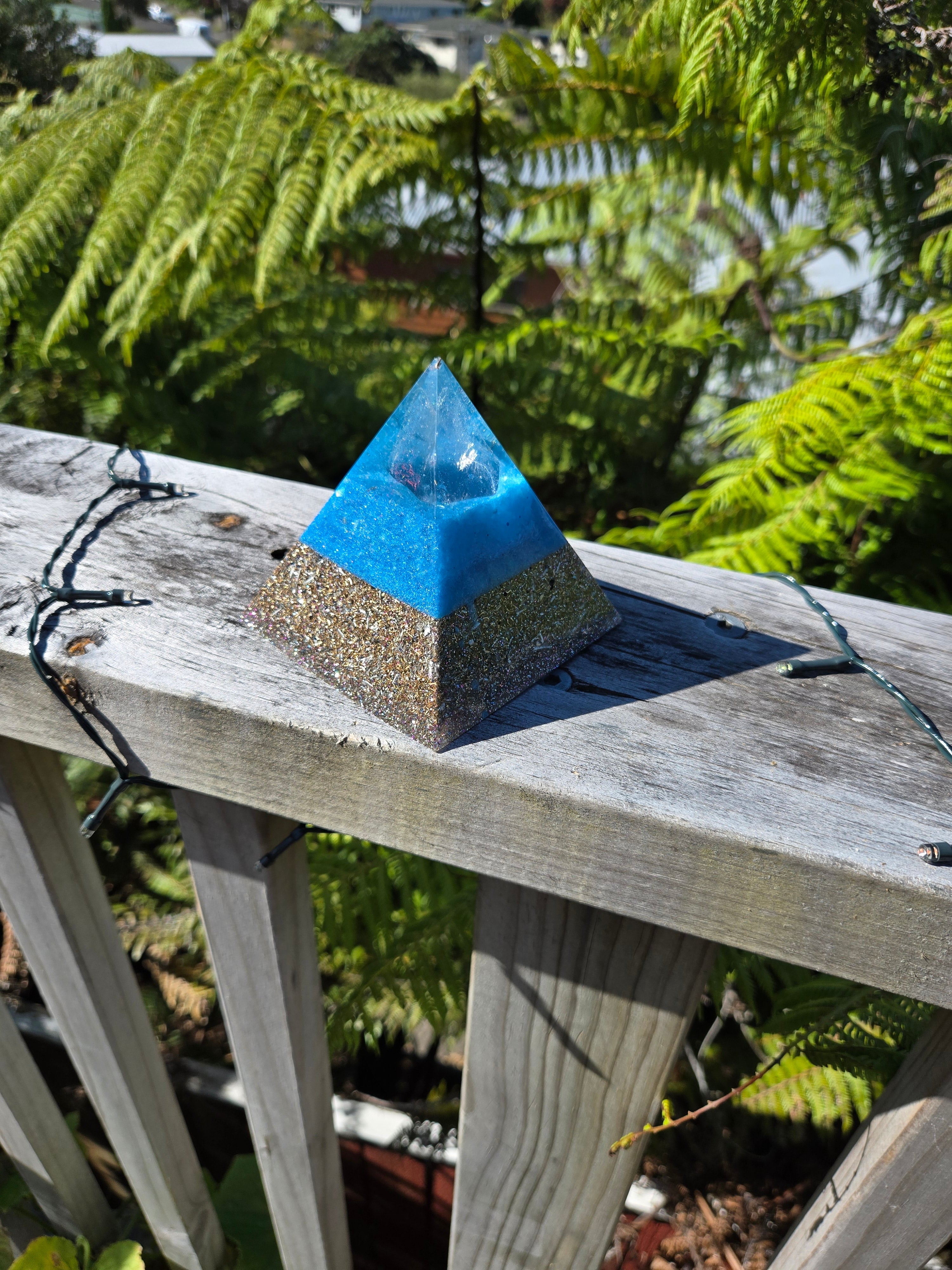 Blue Orgonite Pyramid with Clear Quartz | Handmade Energy & EMF Protection Piece
