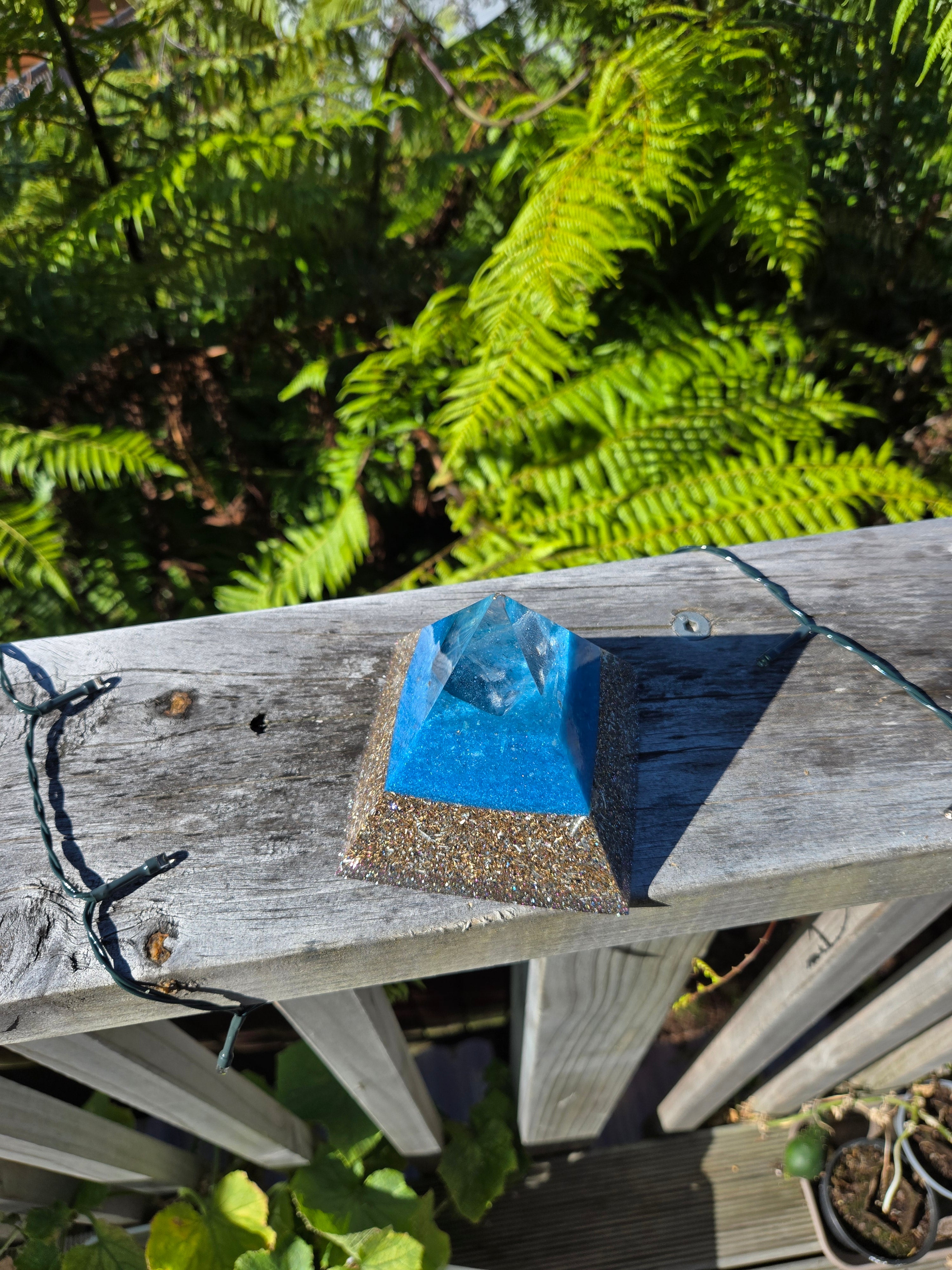Blue Orgonite Pyramid with Clear Quartz | Handmade Energy & EMF Protection Piece