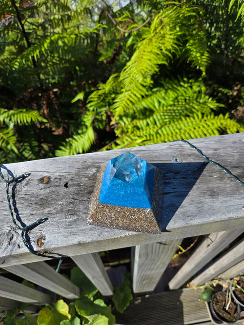 Blue Orgonite Pyramid with Clear Quartz | Handmade Energy & EMF Protection Piece