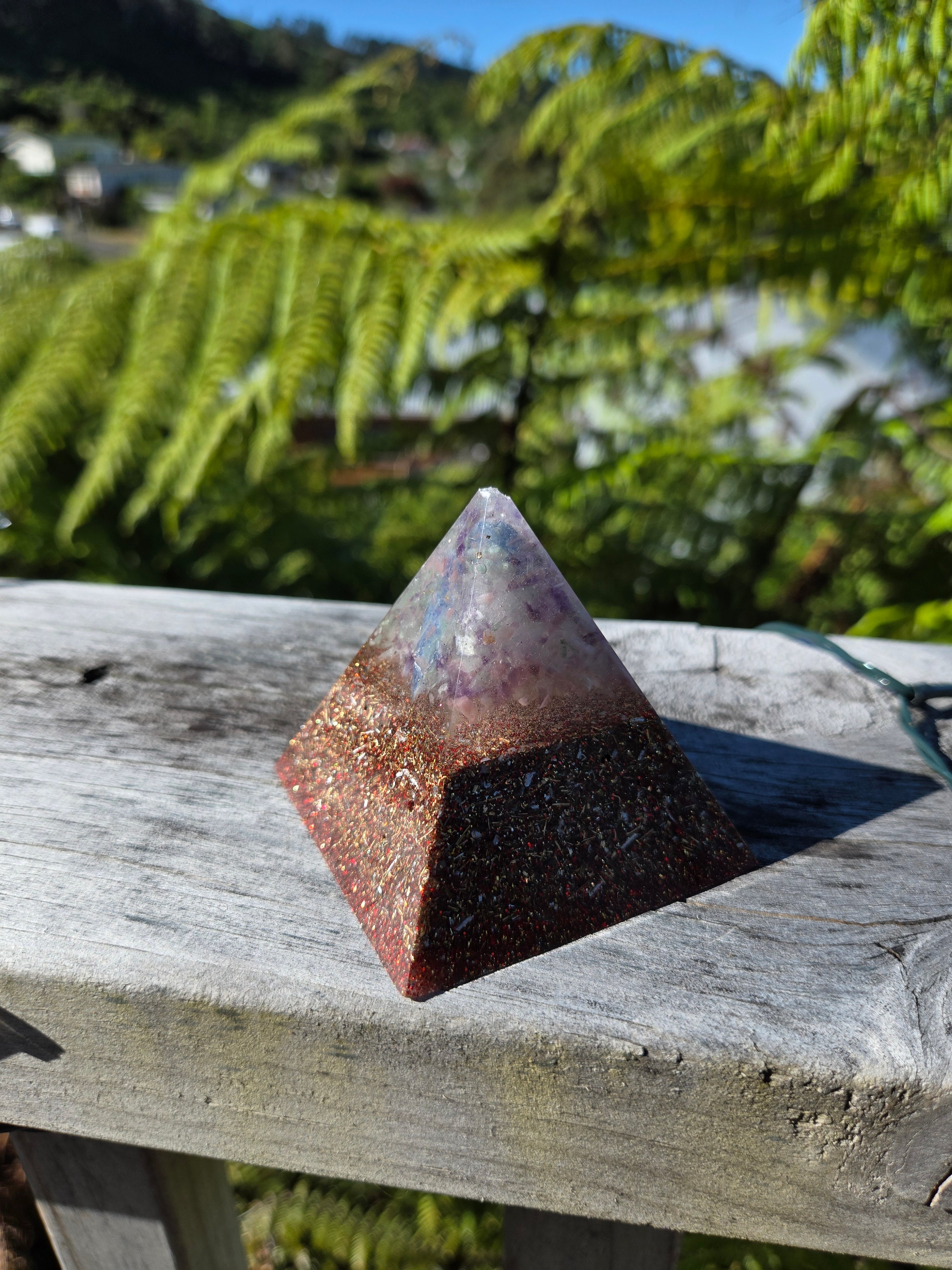 Red Glitter Orgonite Pyramid with Multi-Crystals | Handmade Energy & EMF Harmoniser