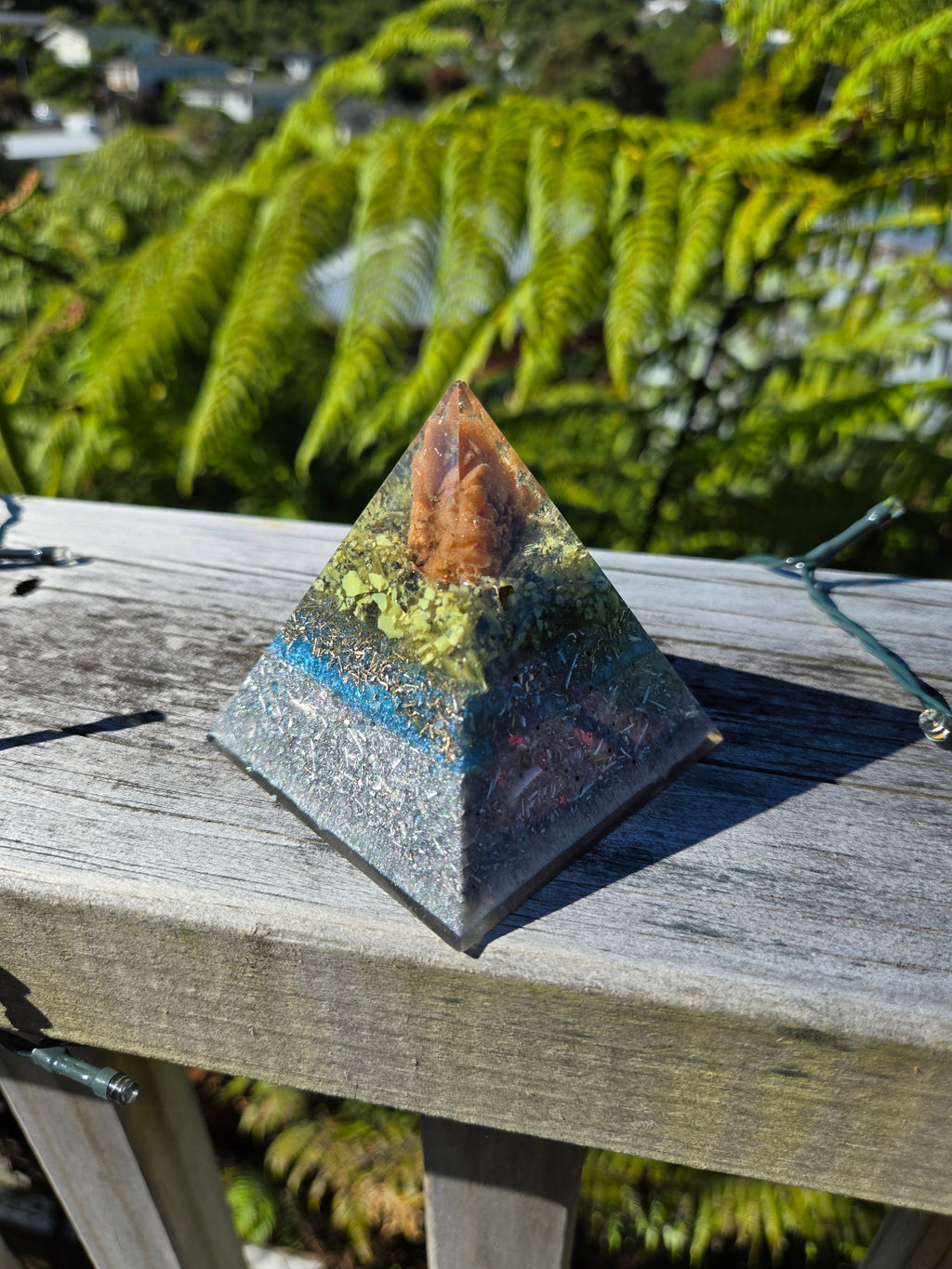 Blue & Silver Orgonite Pyramid with Desert Rose & Serpentine | Handmade Energy Harmoniser