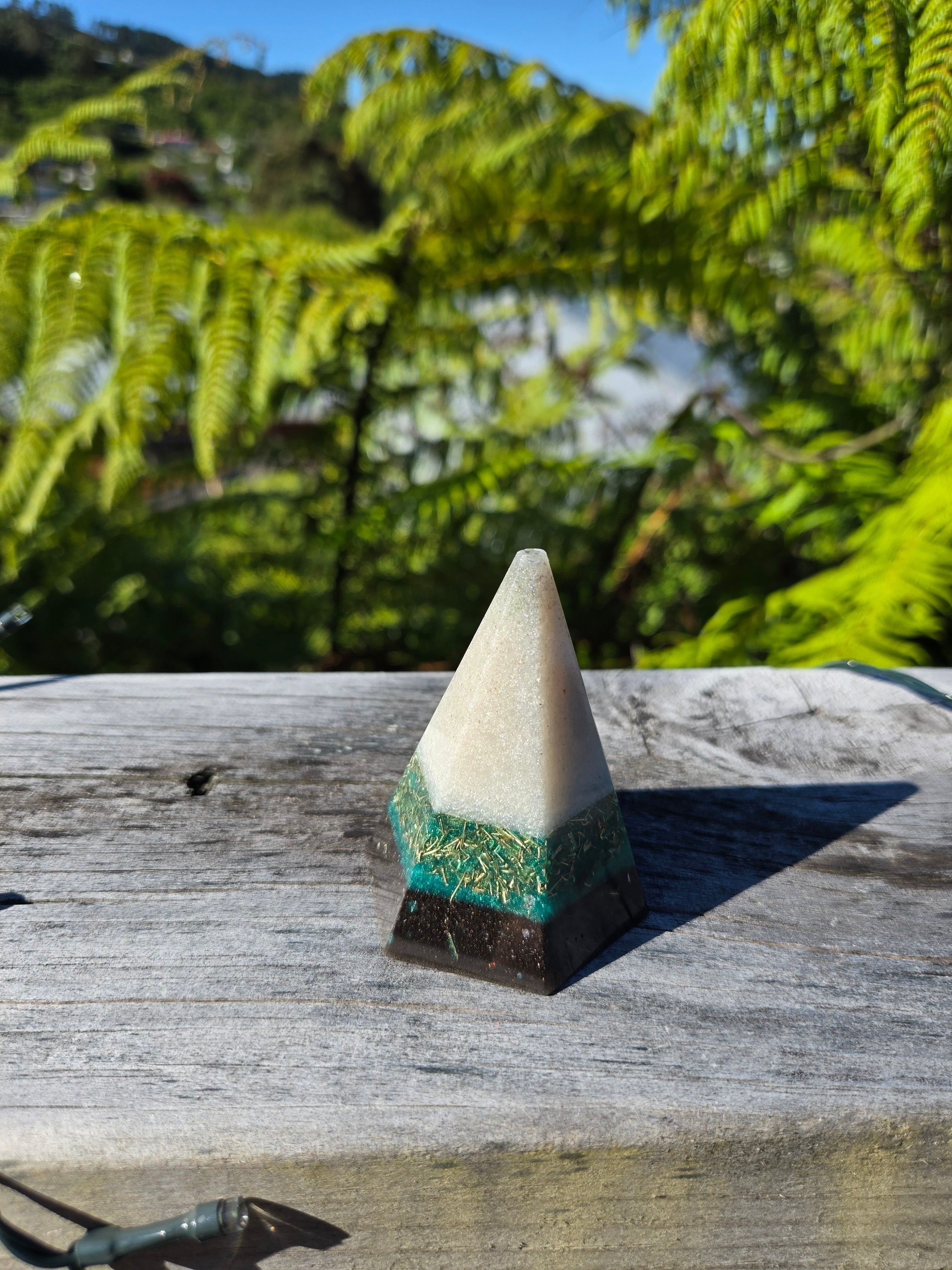 White, Green & Black Orgonite Hexagon Cone | Handmade Energy & EMF Harmoniser