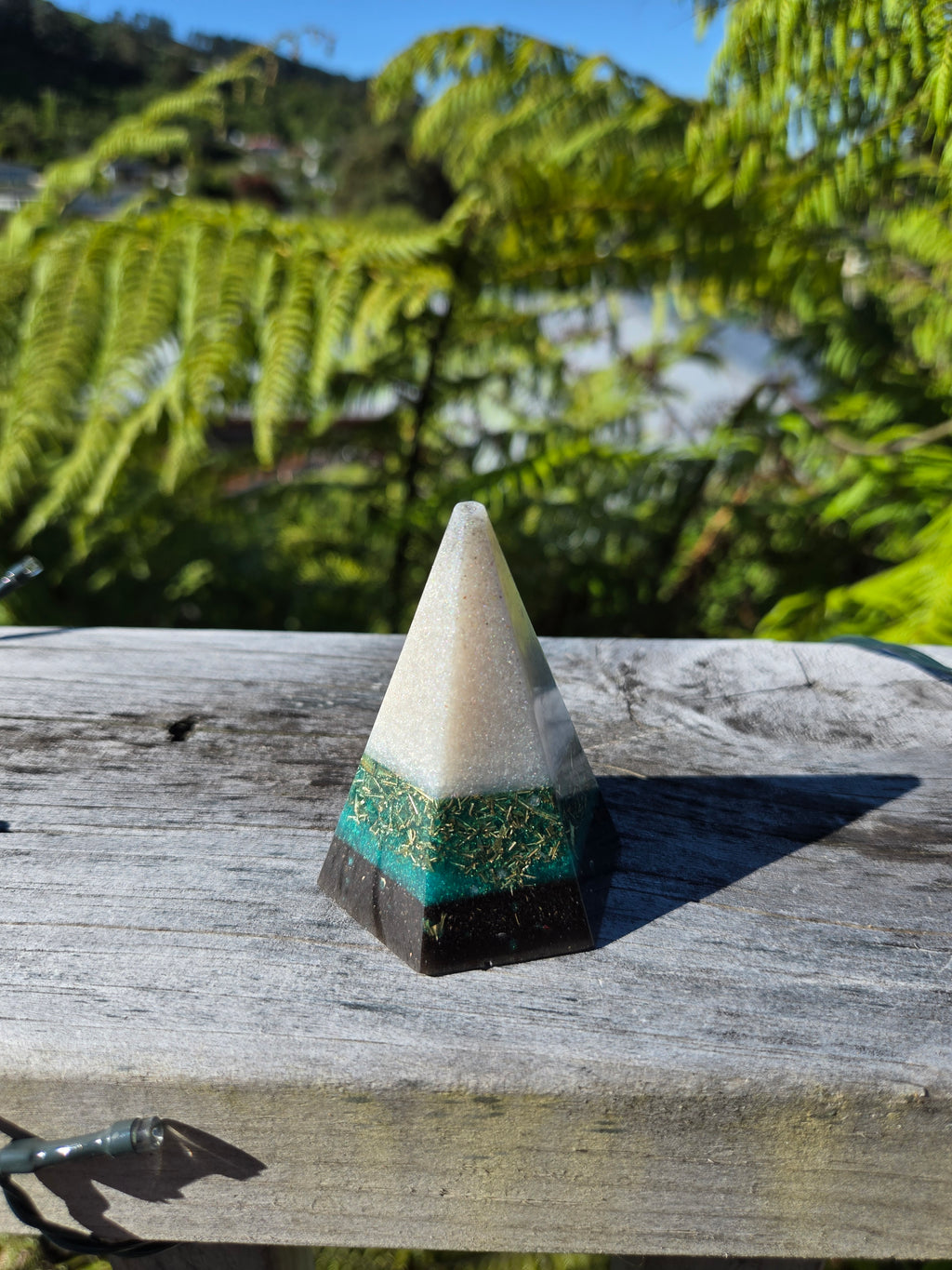 White, Green & Black Orgonite Hexagon Cone | Handmade Energy & EMF Harmoniser