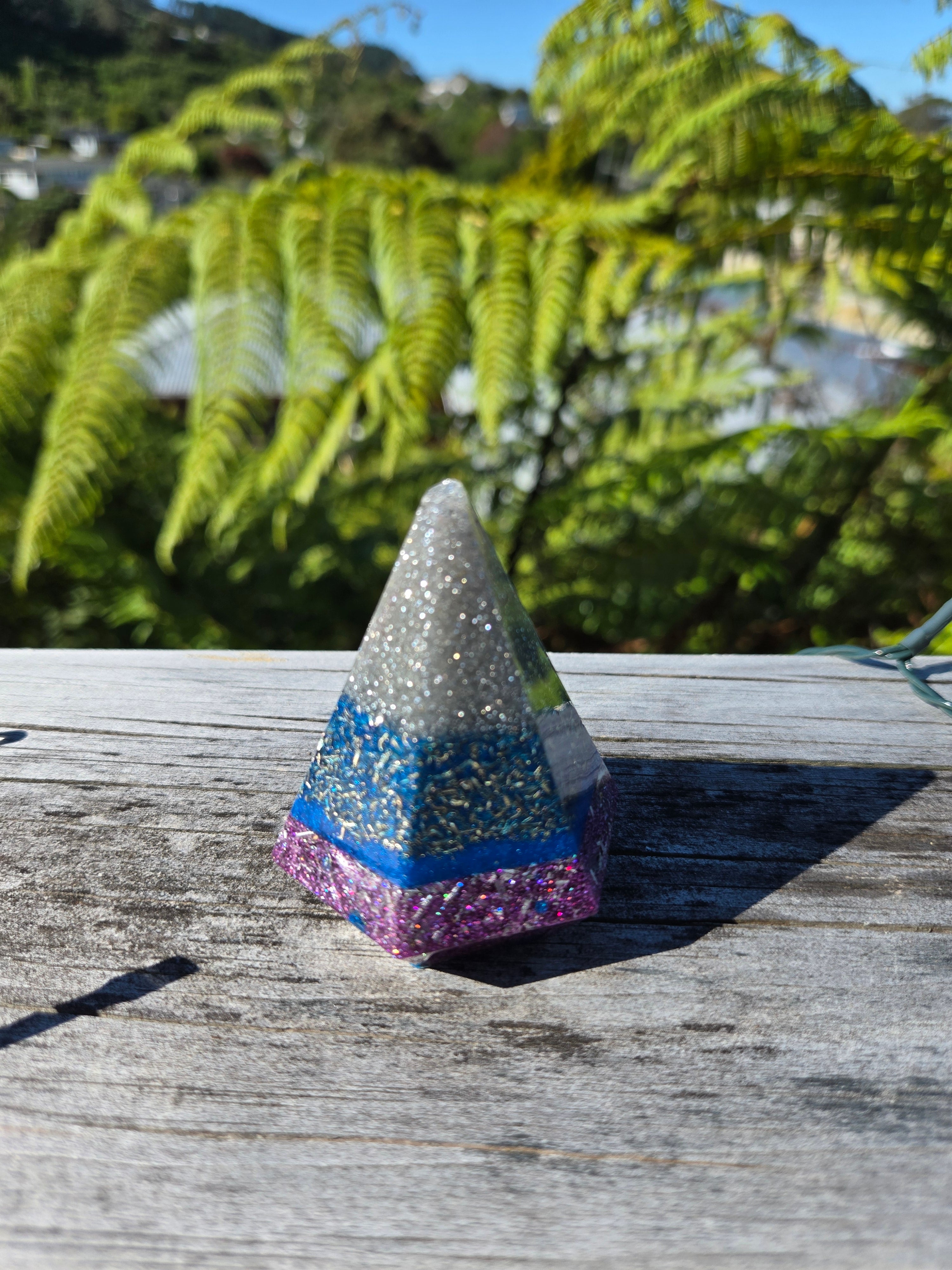 Silver & Blue Hexagon Orgonite Cone with Mixed Crystals | Handmade Energy & EMF Harmoniser