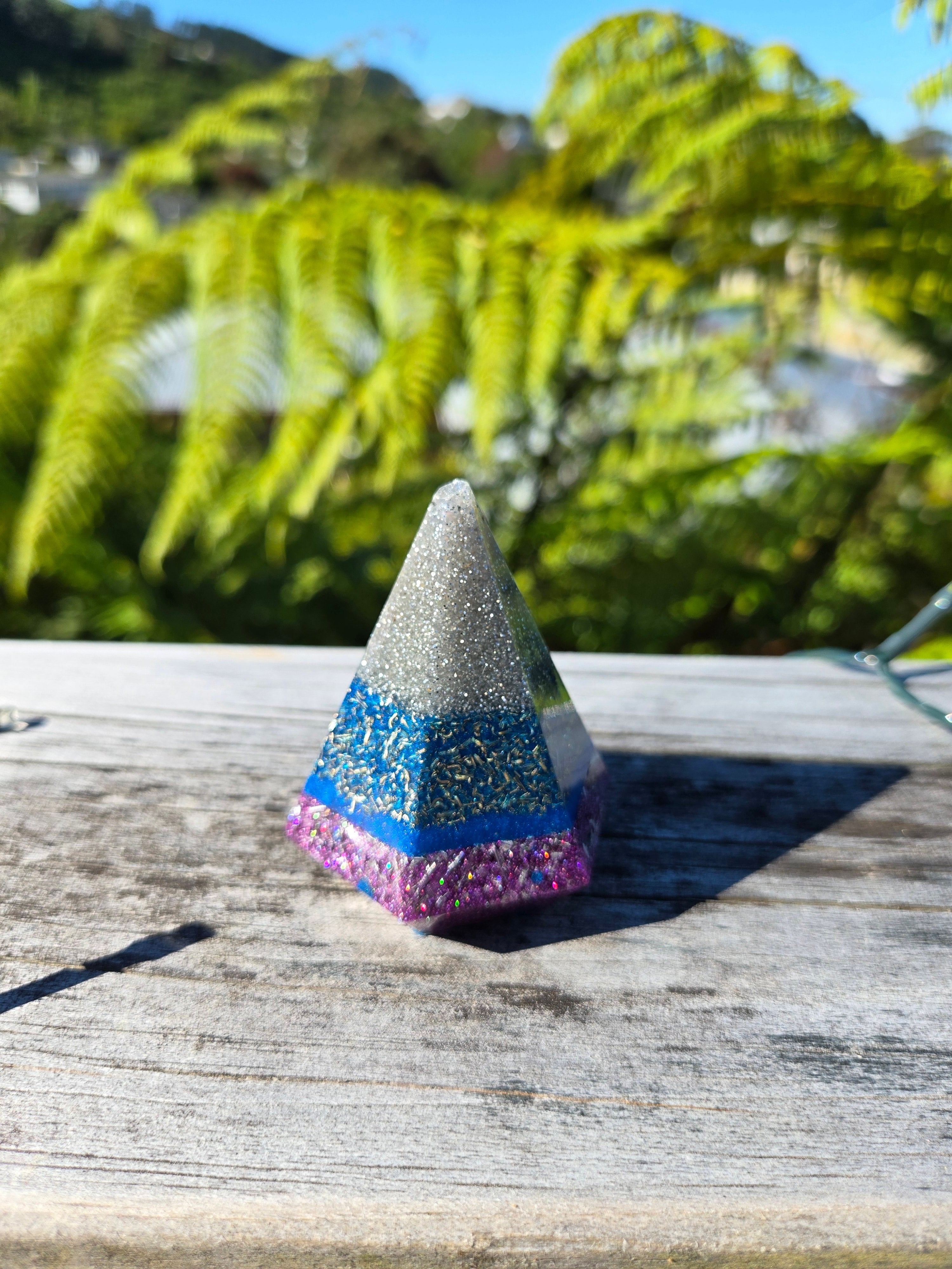 Silver & Blue Hexagon Orgonite Cone with Mixed Crystals | Handmade Energy & EMF Harmoniser