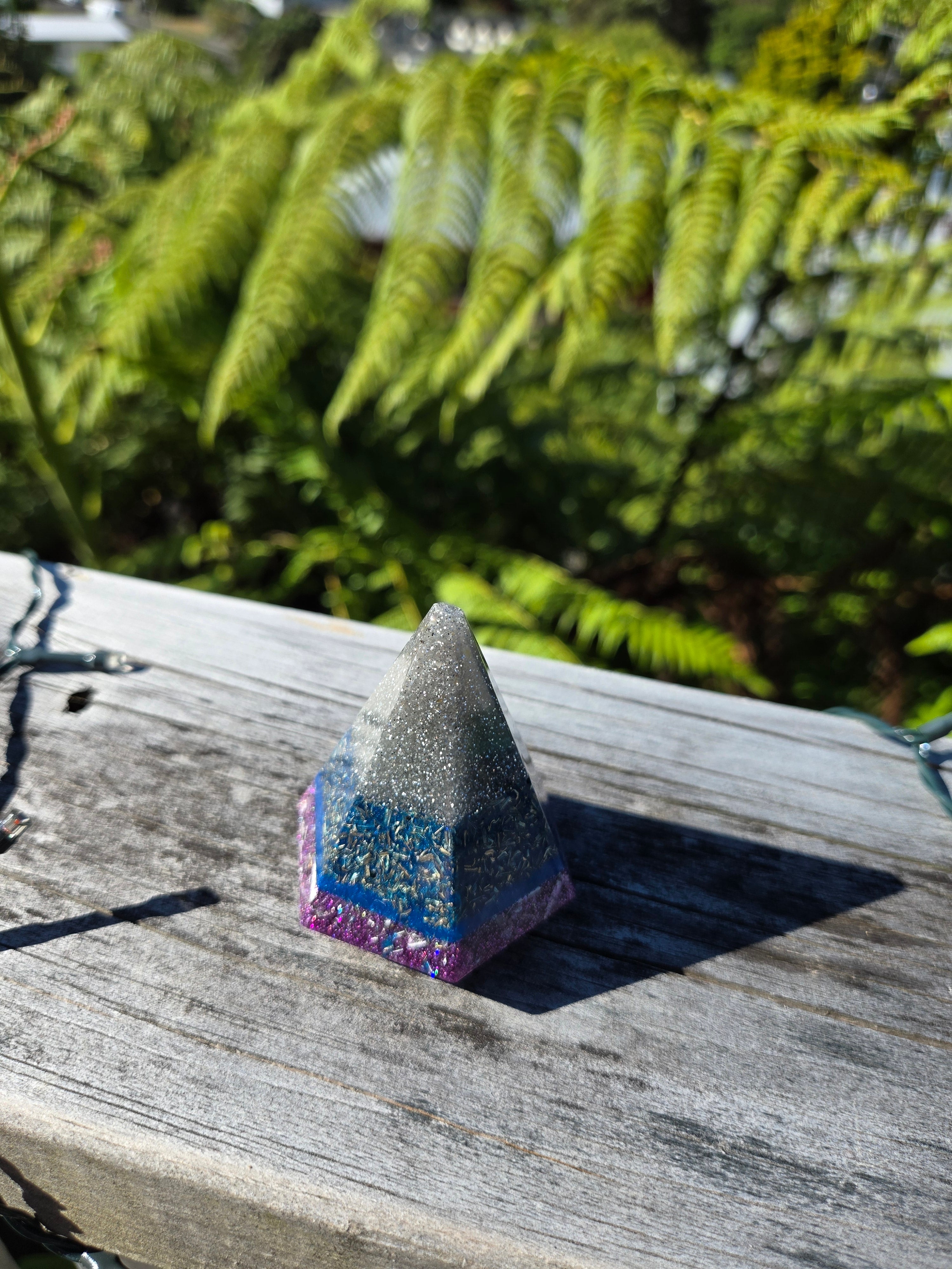 Silver & Blue Hexagon Orgonite Cone with Mixed Crystals | Handmade Energy & EMF Harmoniser