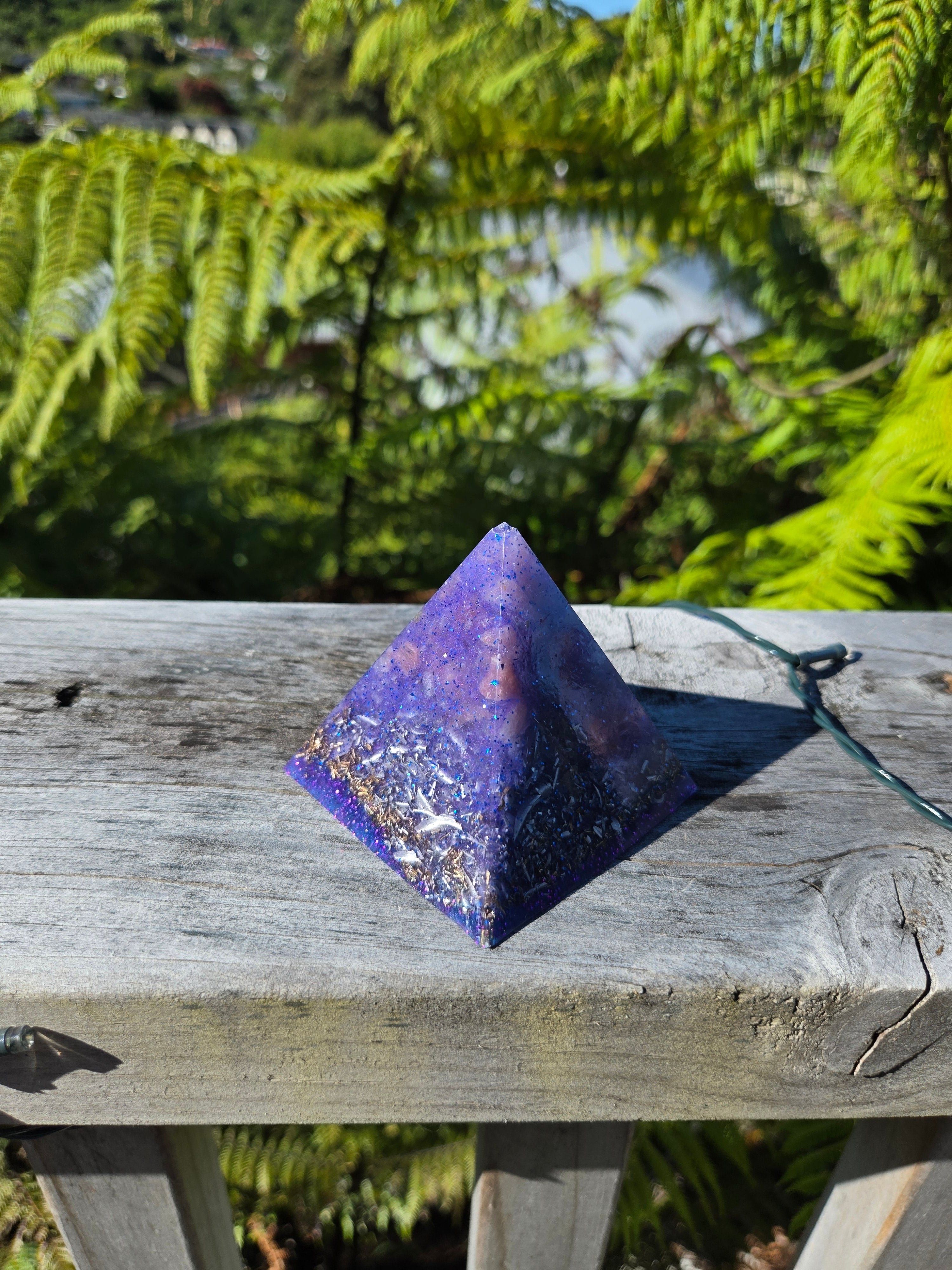 Purple Glitter Orgonite Pyramid with Strawberry Quartz | Handmade Energy Crystal