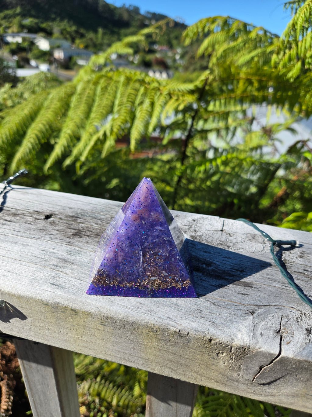 Purple Glitter Orgonite Pyramid with Strawberry Quartz | Handmade Energy Crystal