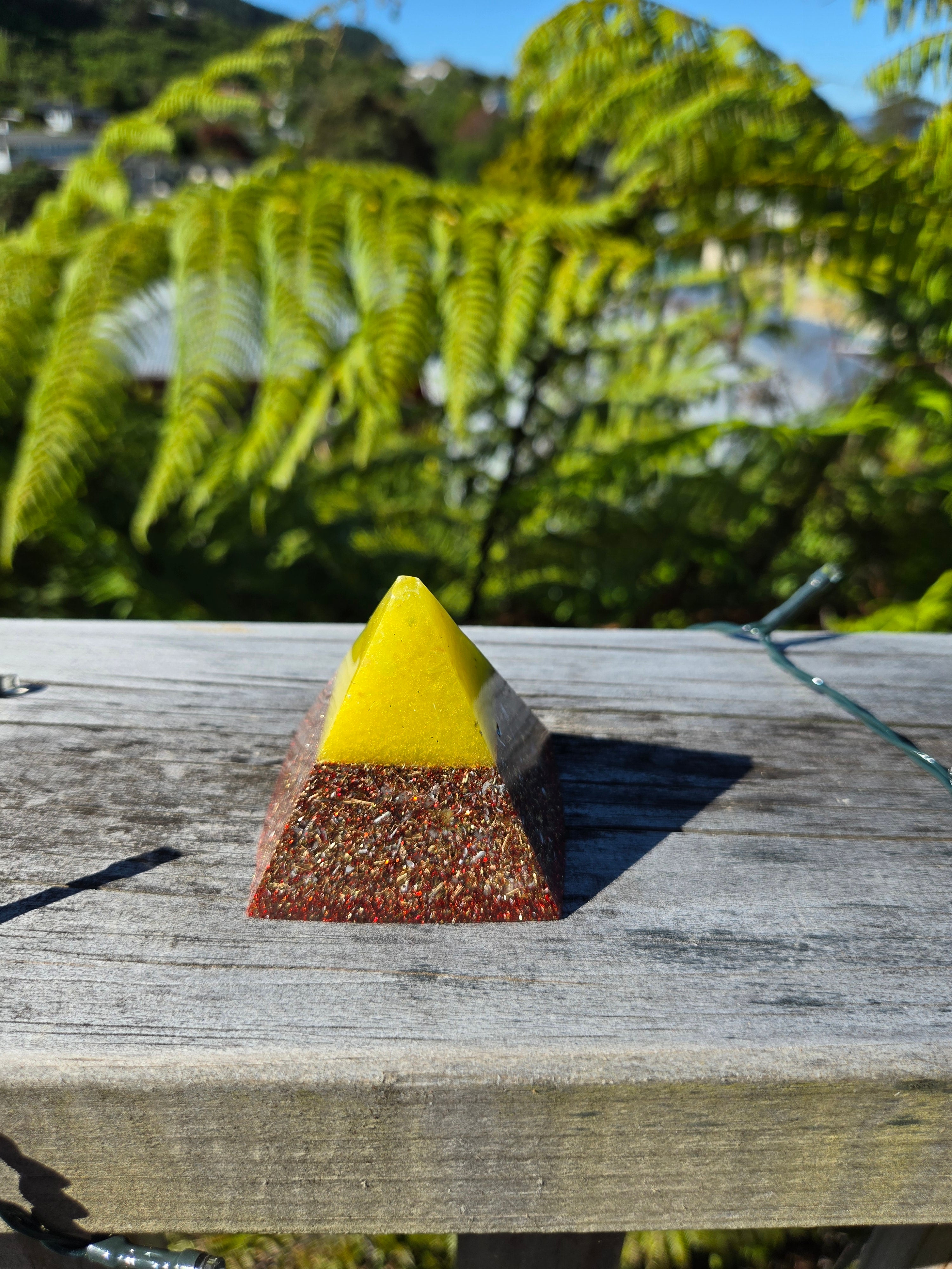 Yellow Orgonite Pyramid with Clear Quartz, Aventurine & Selenite | Handmade Energy Piece