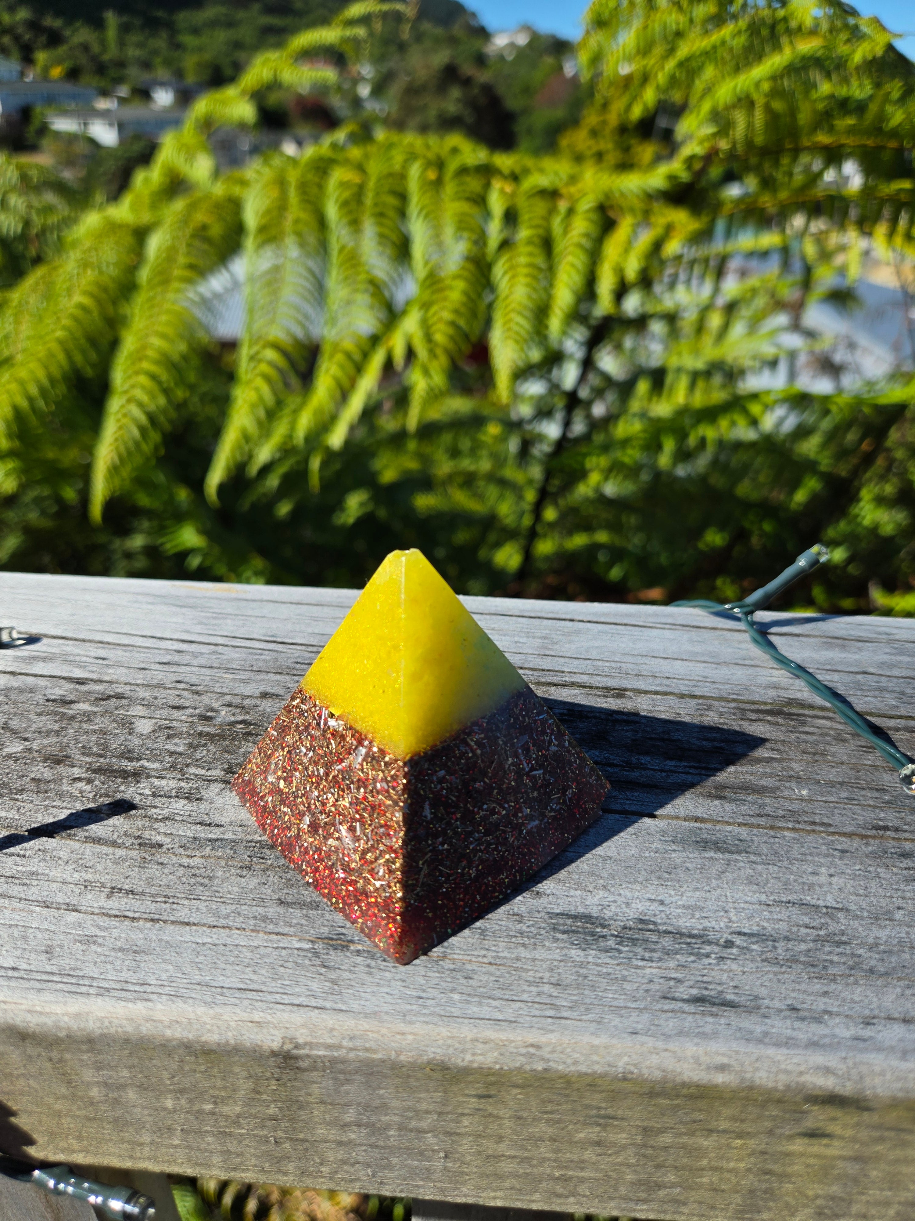 Yellow Orgonite Pyramid with Clear Quartz, Aventurine & Selenite | Handmade Energy Piece