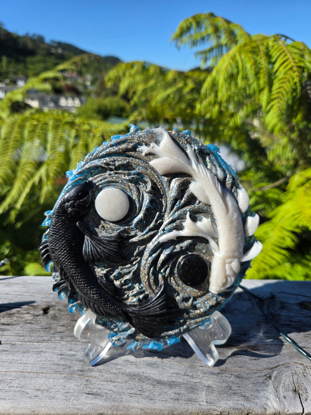Koi Fish Orgonite Energy Disc | Handmade Circular Crystal Harmoniser with Stand