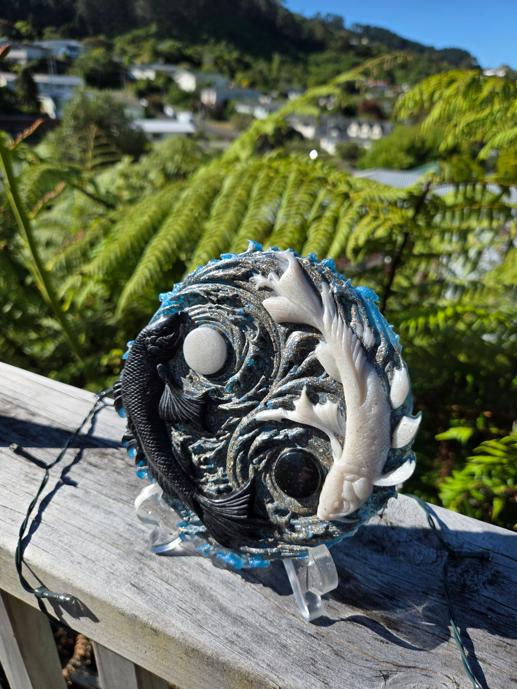 Koi Fish Orgonite Energy Disc | Handmade Circular Crystal Harmoniser with Stand