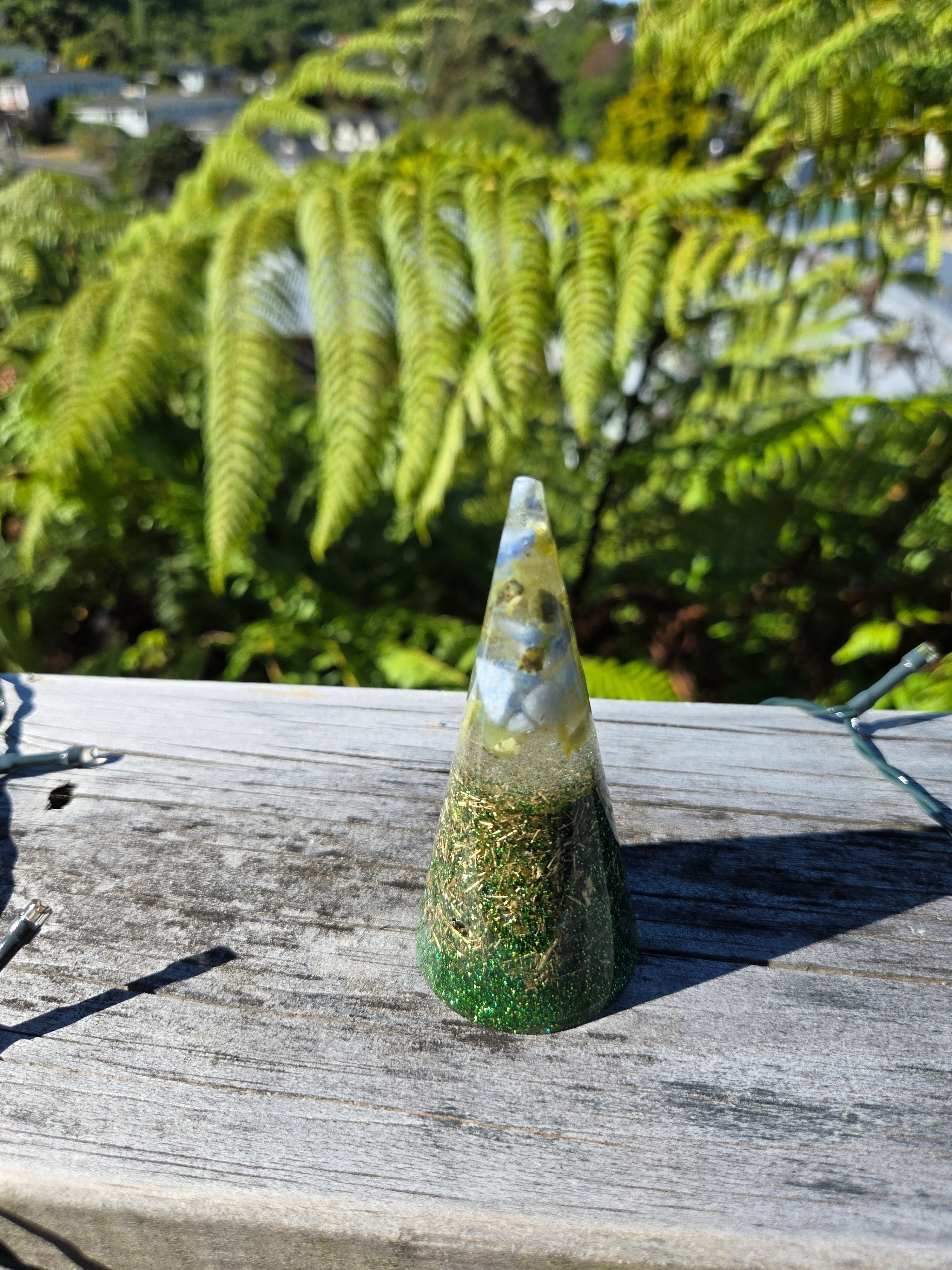 Green Glitter Orgonite Cone with Serpentine & Blue Kyanite | Handmade Energy Piece