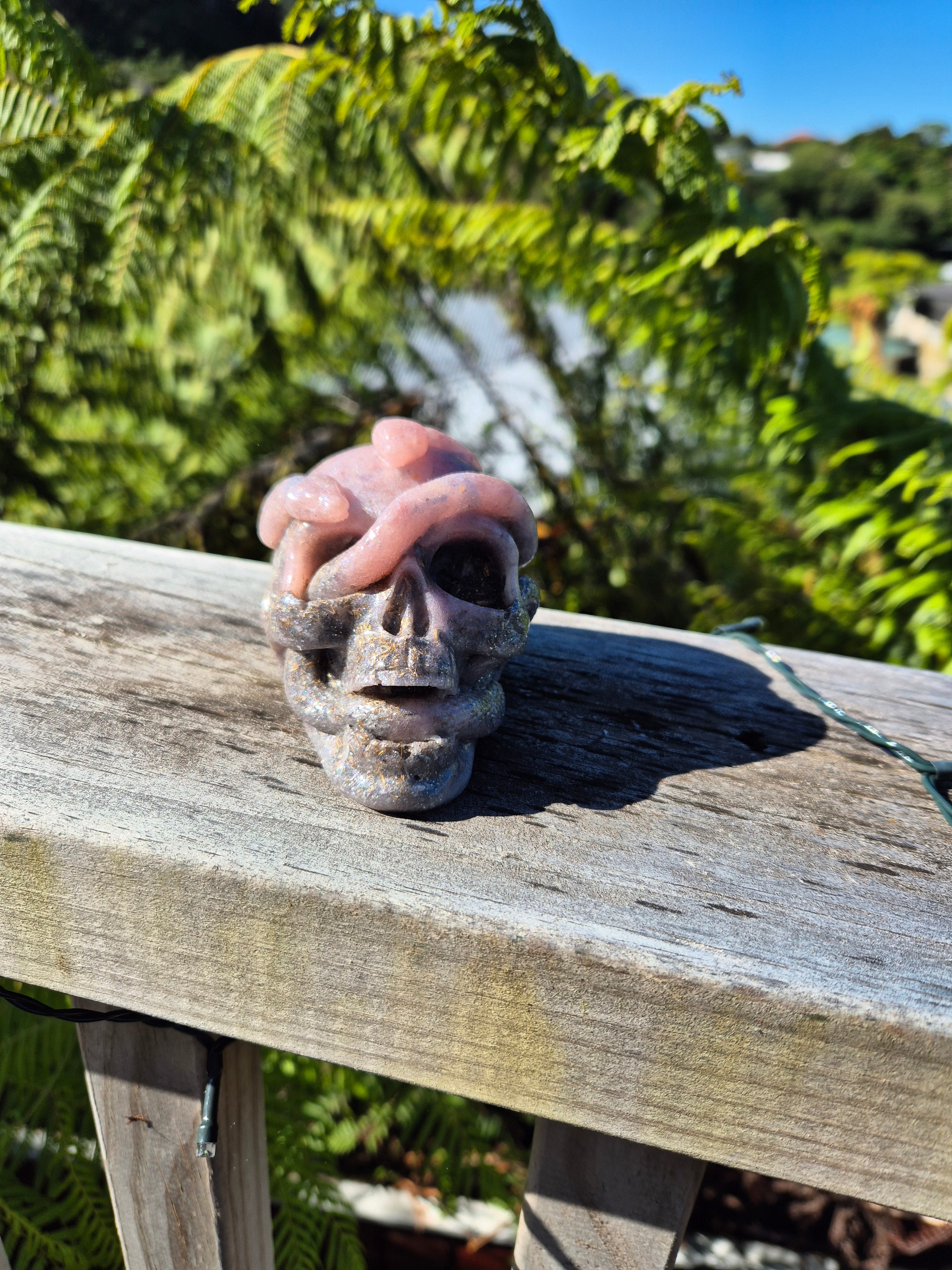 Pink Skull Orgonite with Snakes & Crystals | Handmade Energy Sculpture