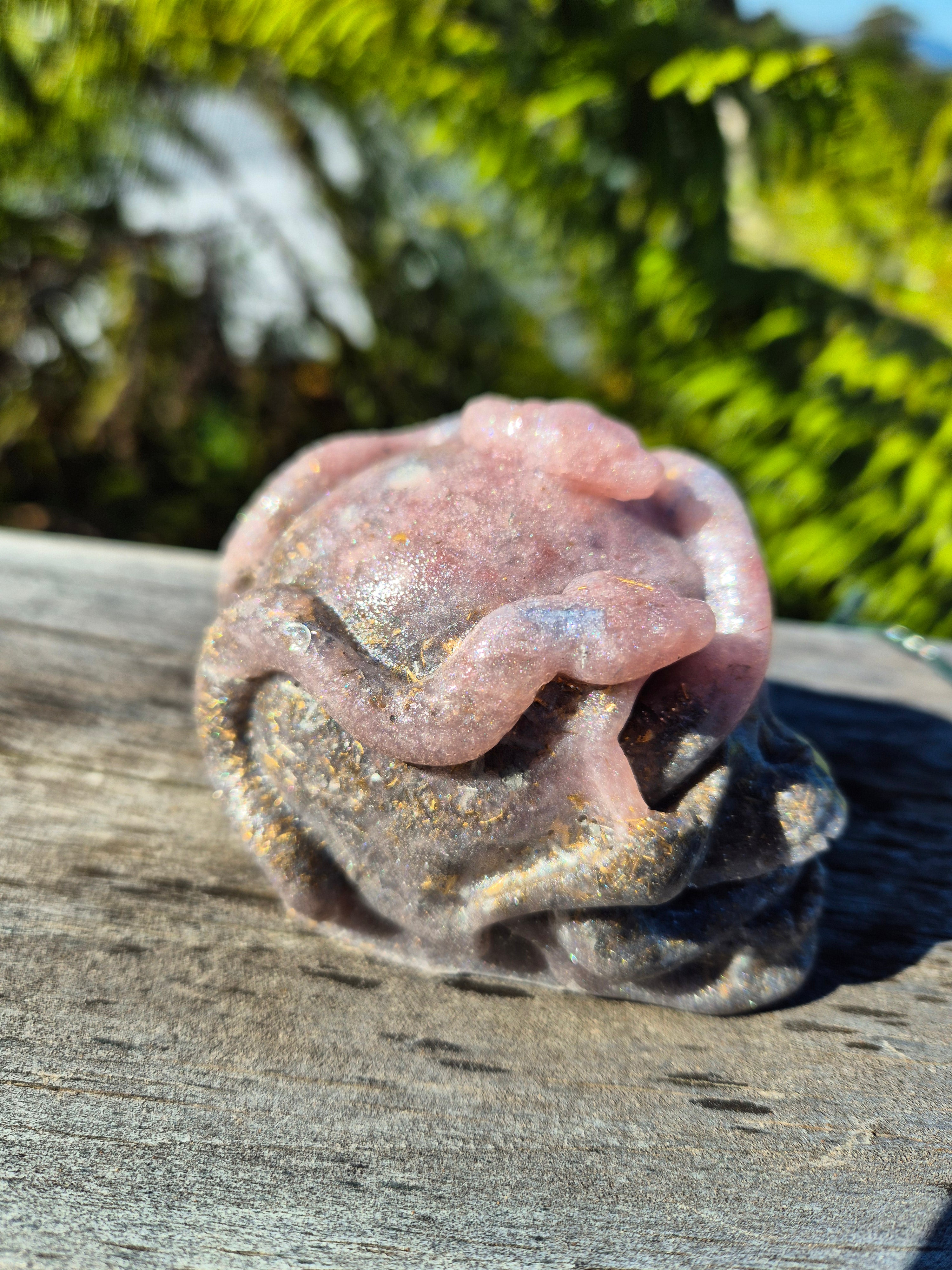 Pink Skull Orgonite with Snakes & Crystals | Handmade Energy Sculpture