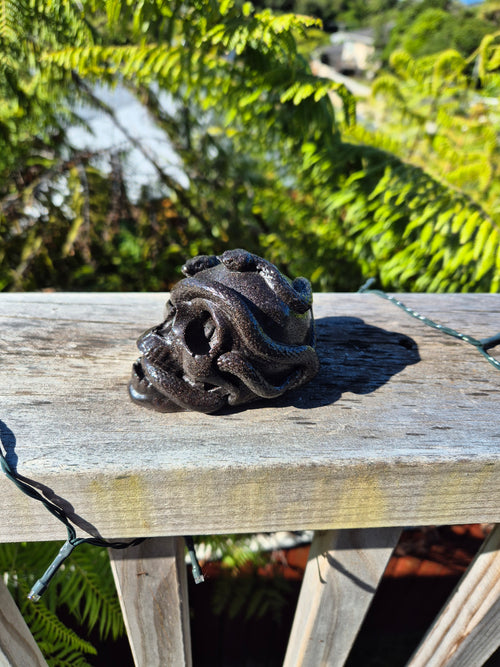 Black Orgonite Skull with Snake | Handmade Crystal Energy Sculpture