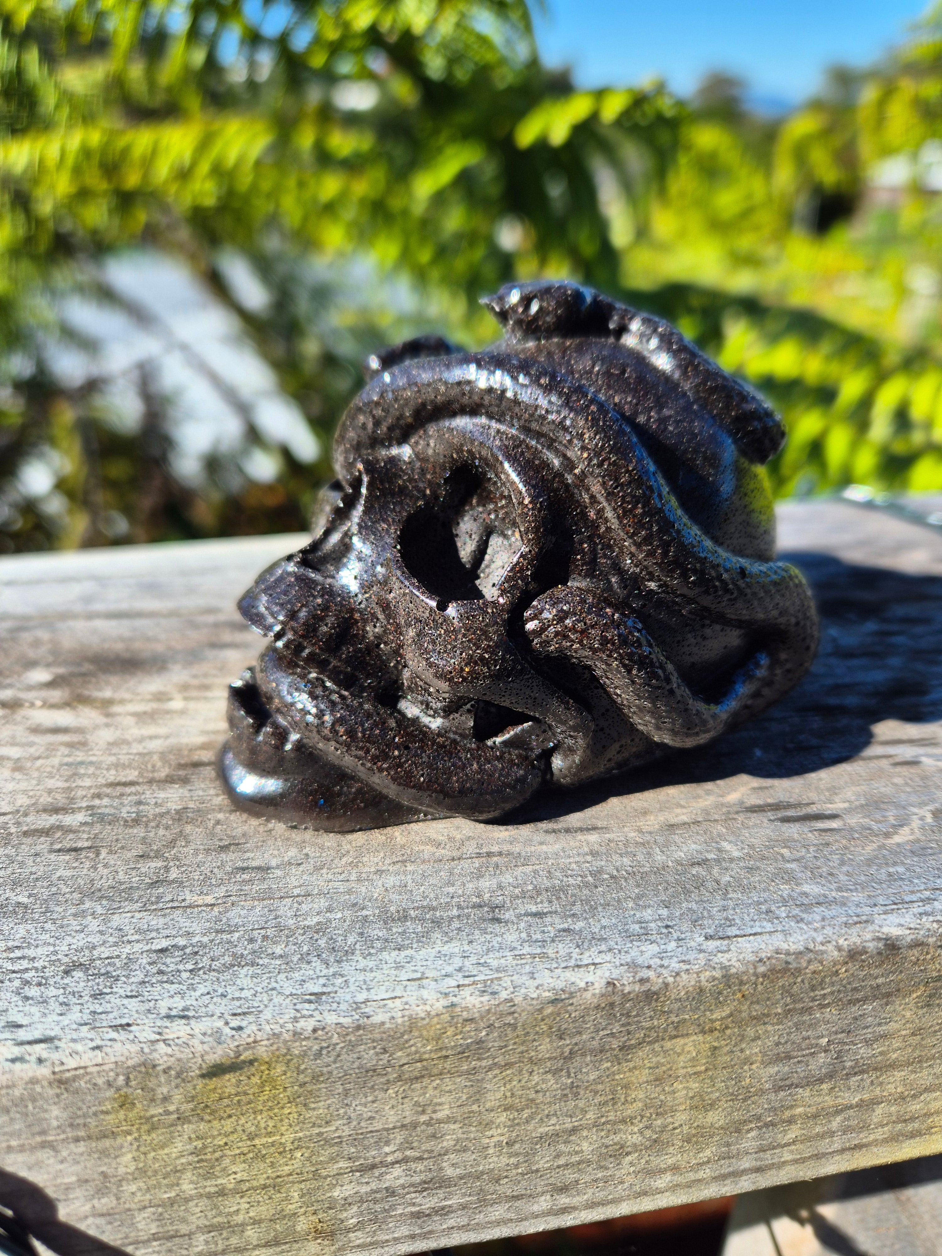 Black Orgonite Skull with Snake | Handmade Crystal Energy Sculpture