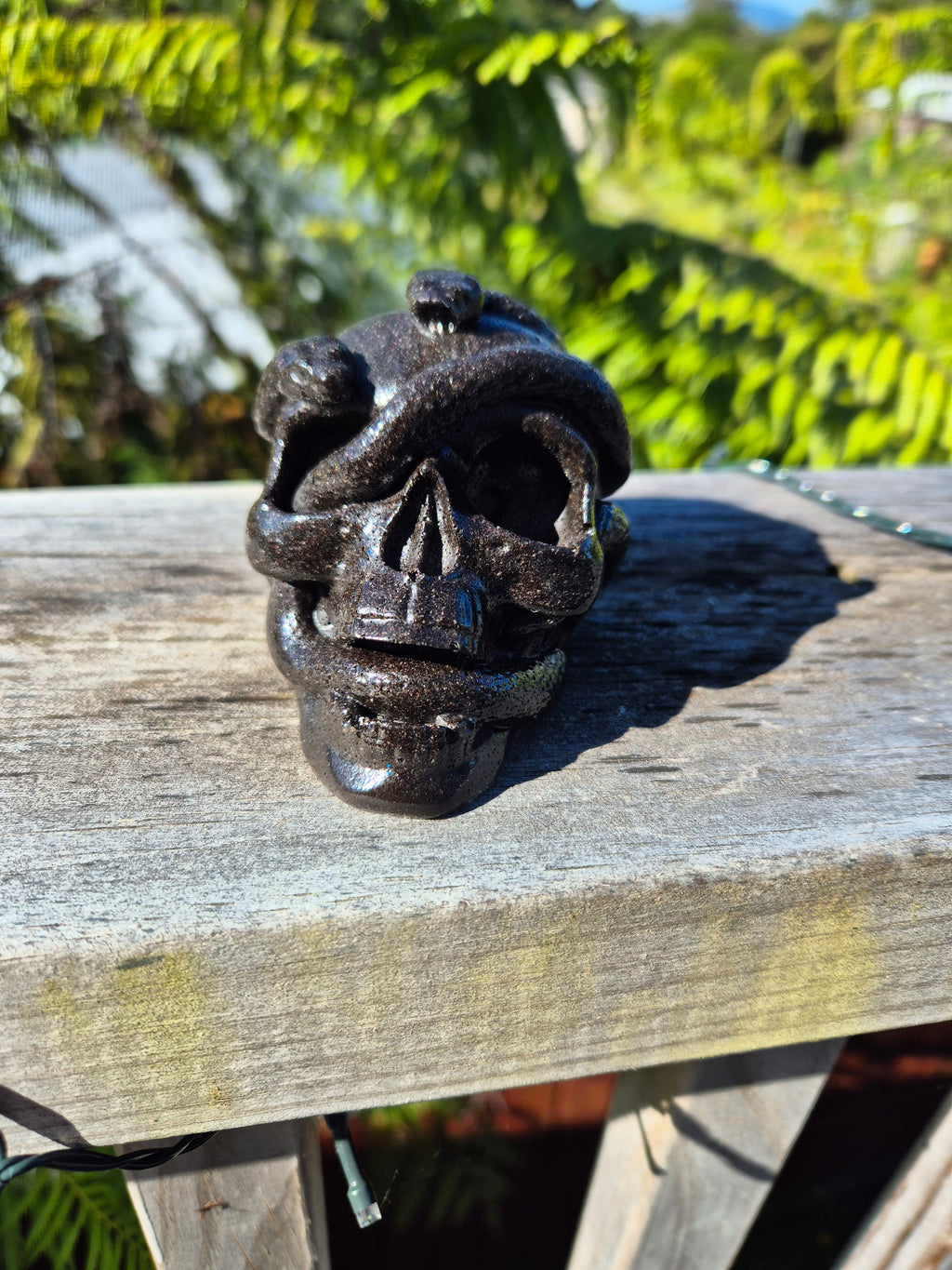 Black Orgonite Skull with Snake | Handmade Crystal Energy Sculpture