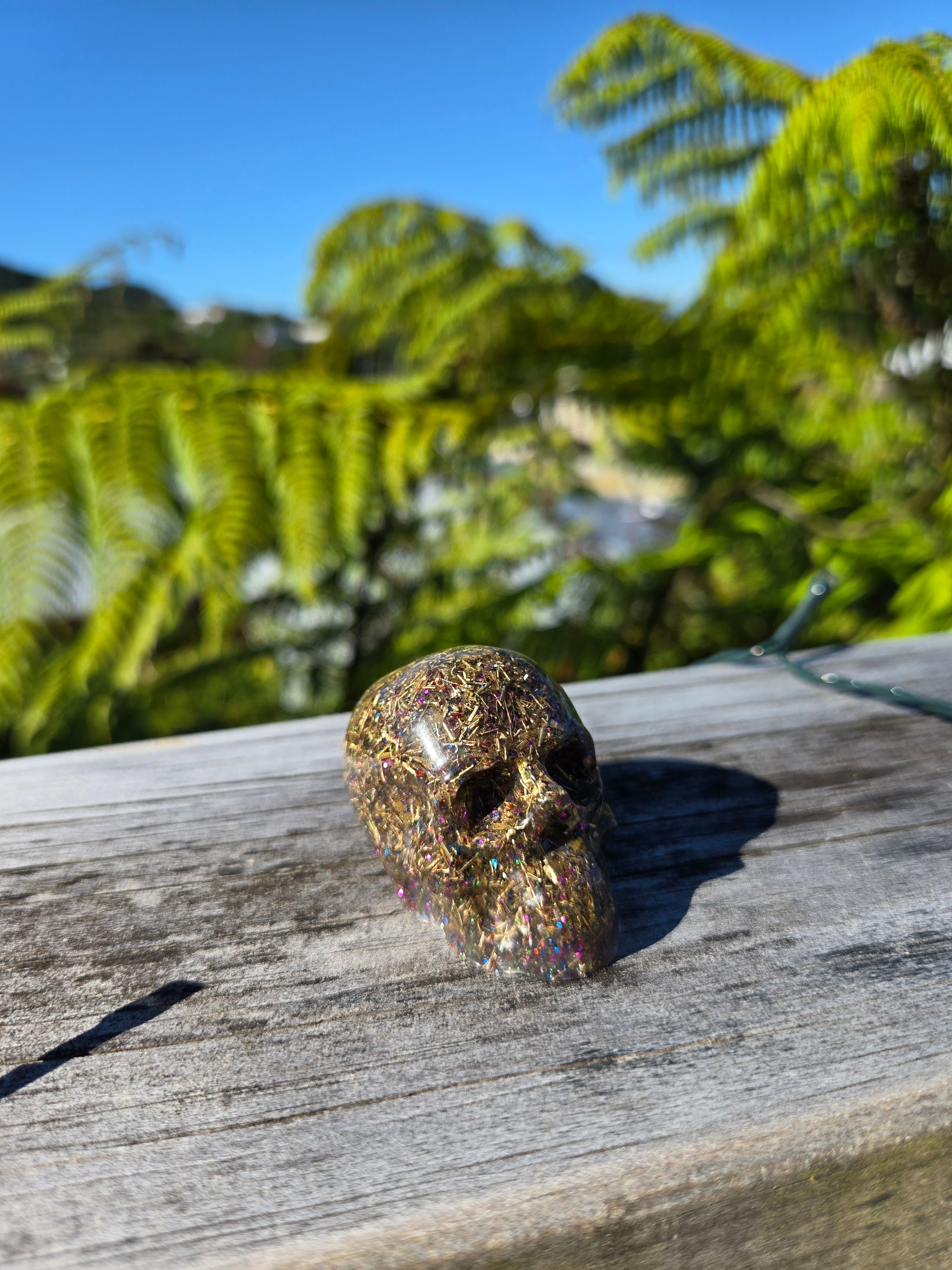 Blue & Purple Glitter Orgonite Mini Skull | Handmade Crystal Energy Piece