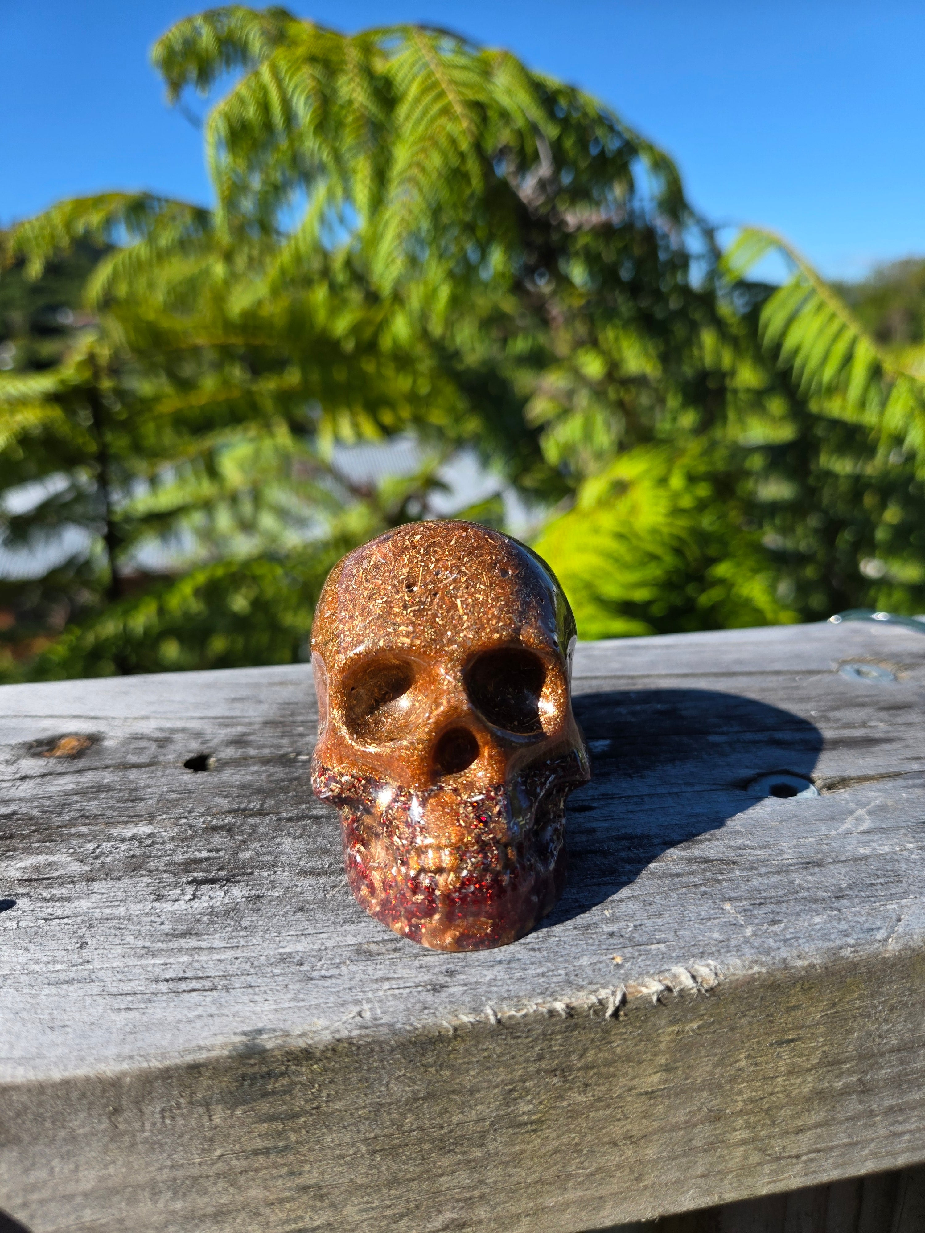 Brown Resin Orgonite Skull with Red Glitter | Handmade Crystal Energy Sculpture