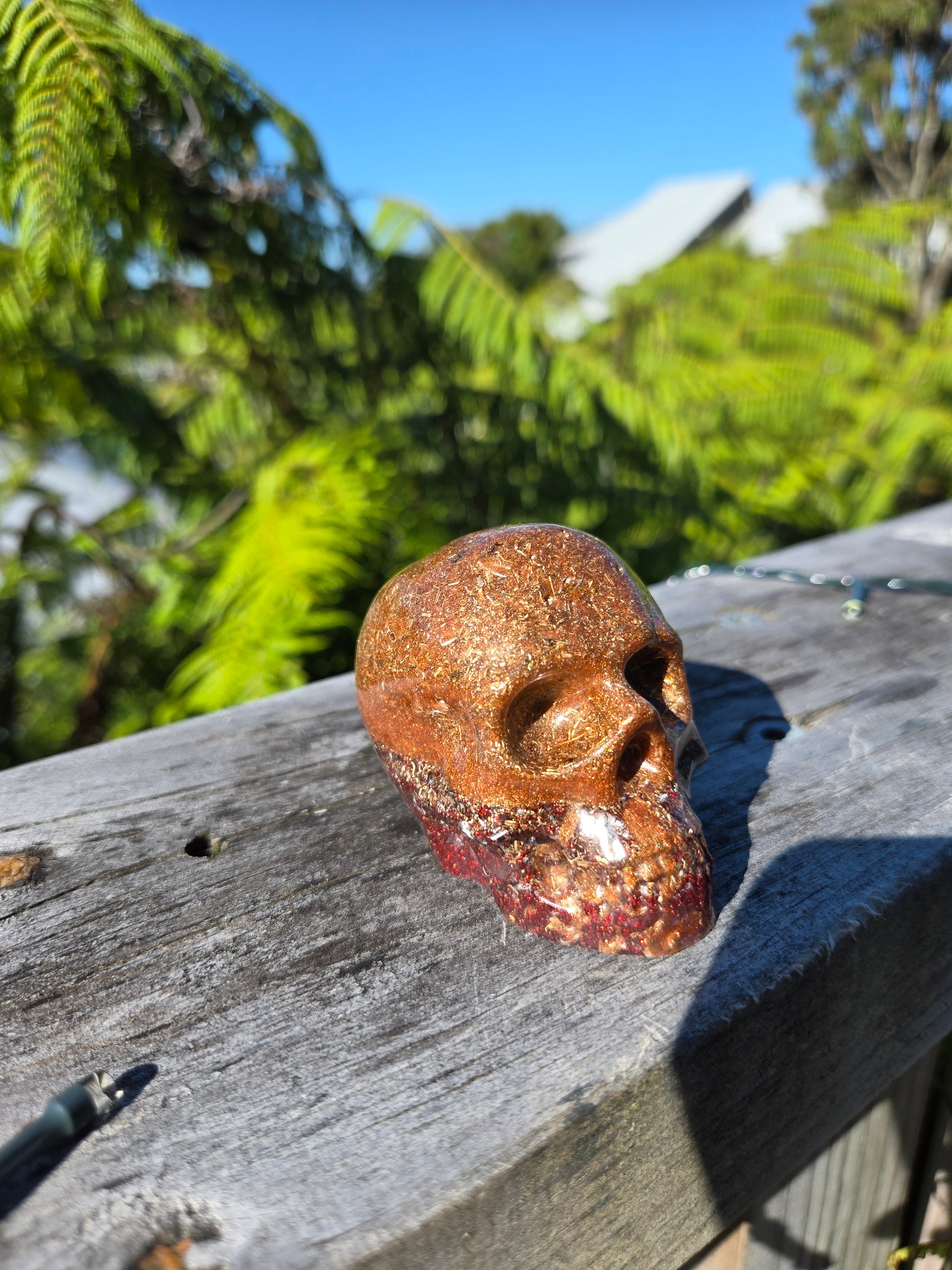 Brown Resin Orgonite Skull with Red Glitter | Handmade Crystal Energy Sculpture