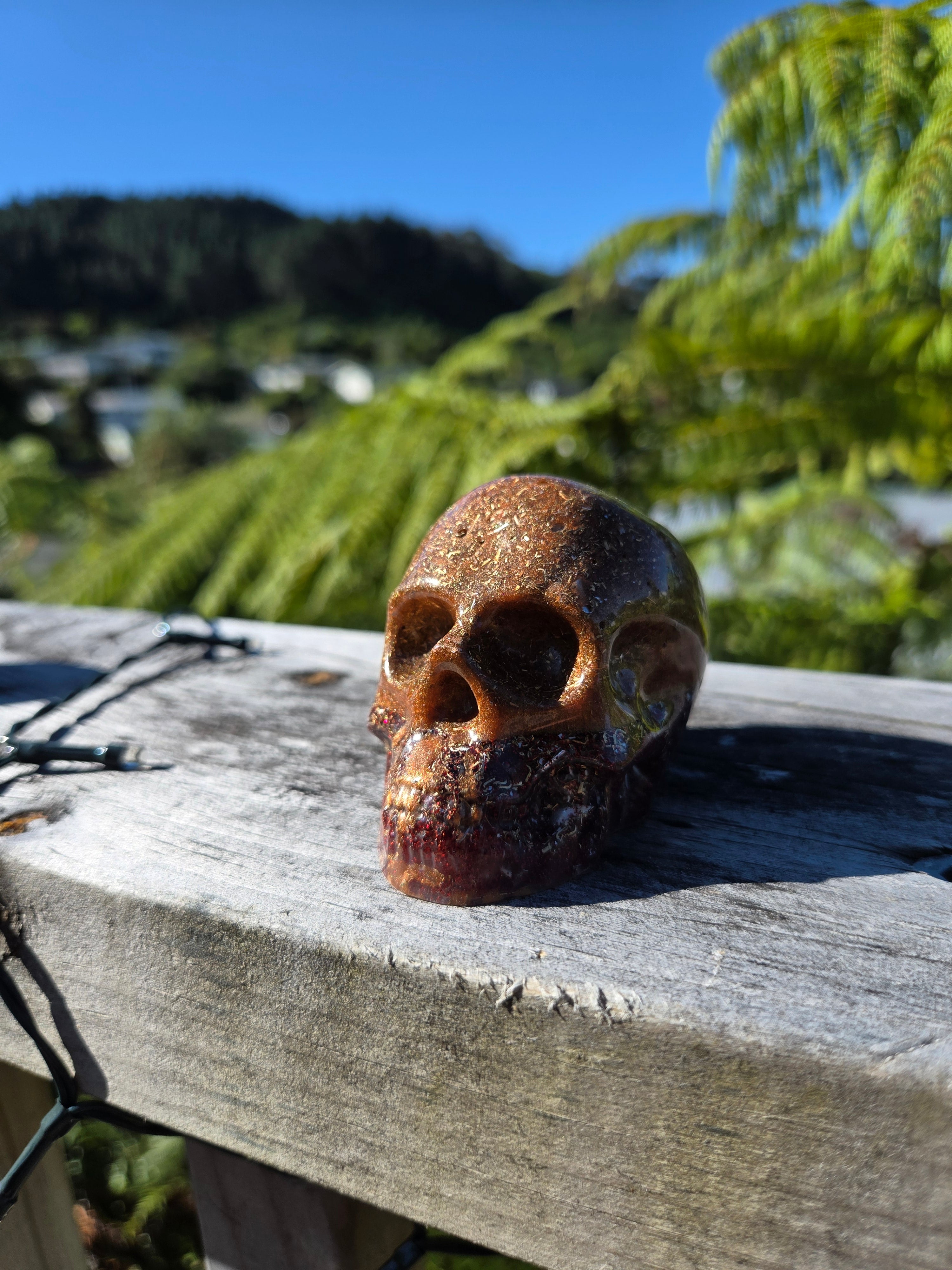 Brown Resin Orgonite Skull with Red Glitter | Handmade Crystal Energy Sculpture