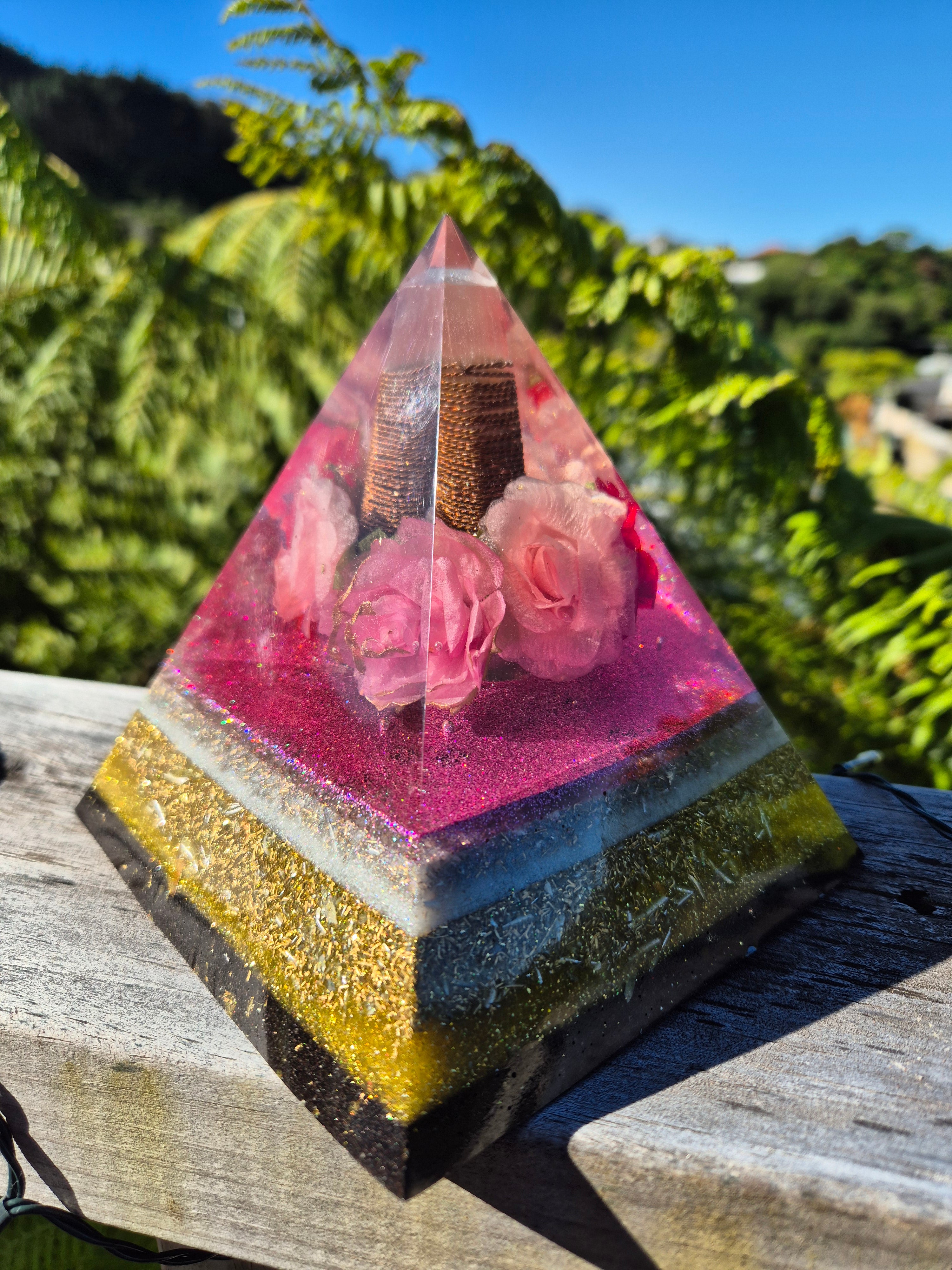 Large Floral Orgonite Pyramid with Selenite Rod | Pink, Gold & Black Handmade Statement Piece