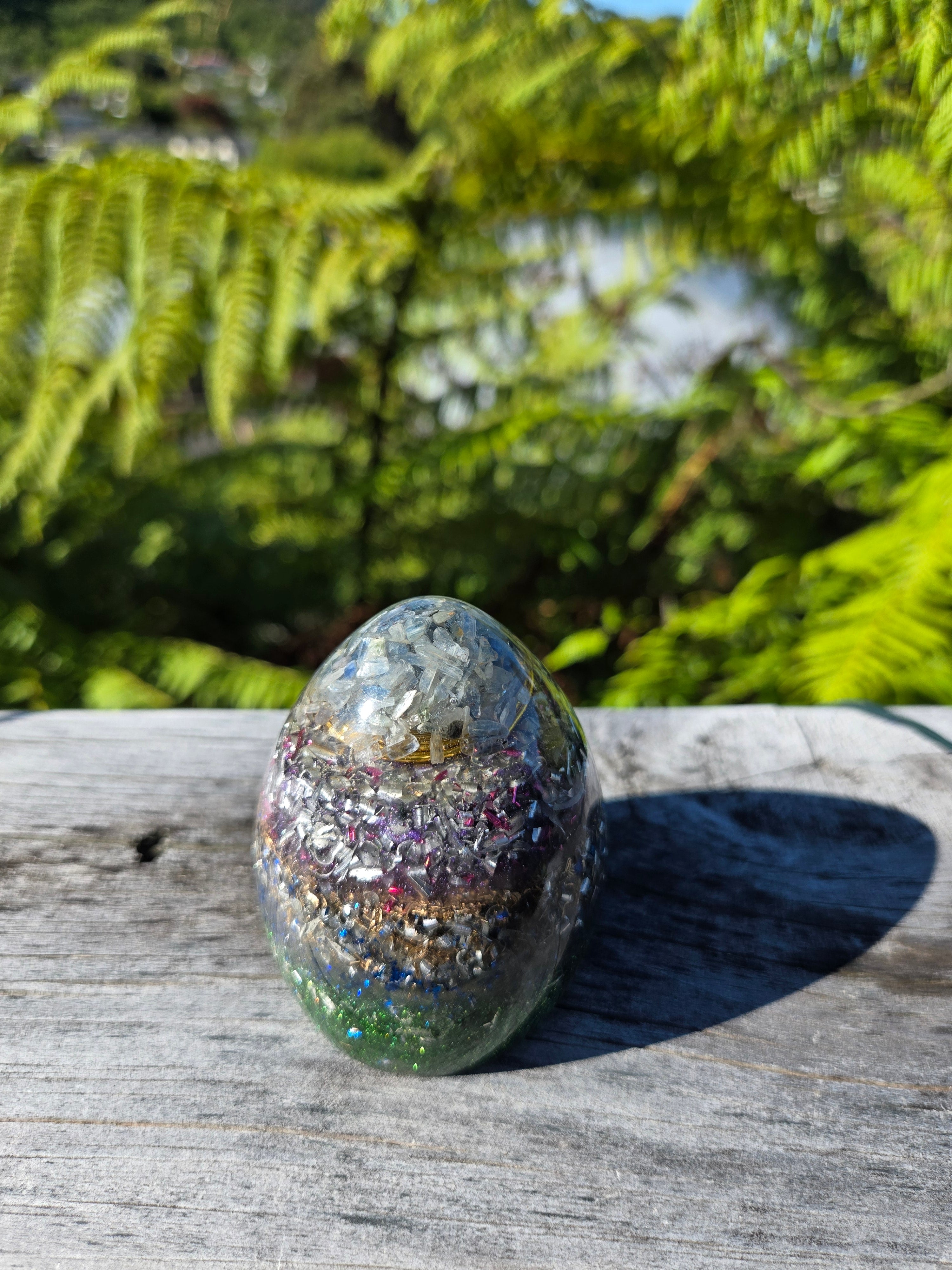 Blue Kyanite Orgonite Egg with Purple & Teal Glitter | Handmade Yin Yang Balance Piece