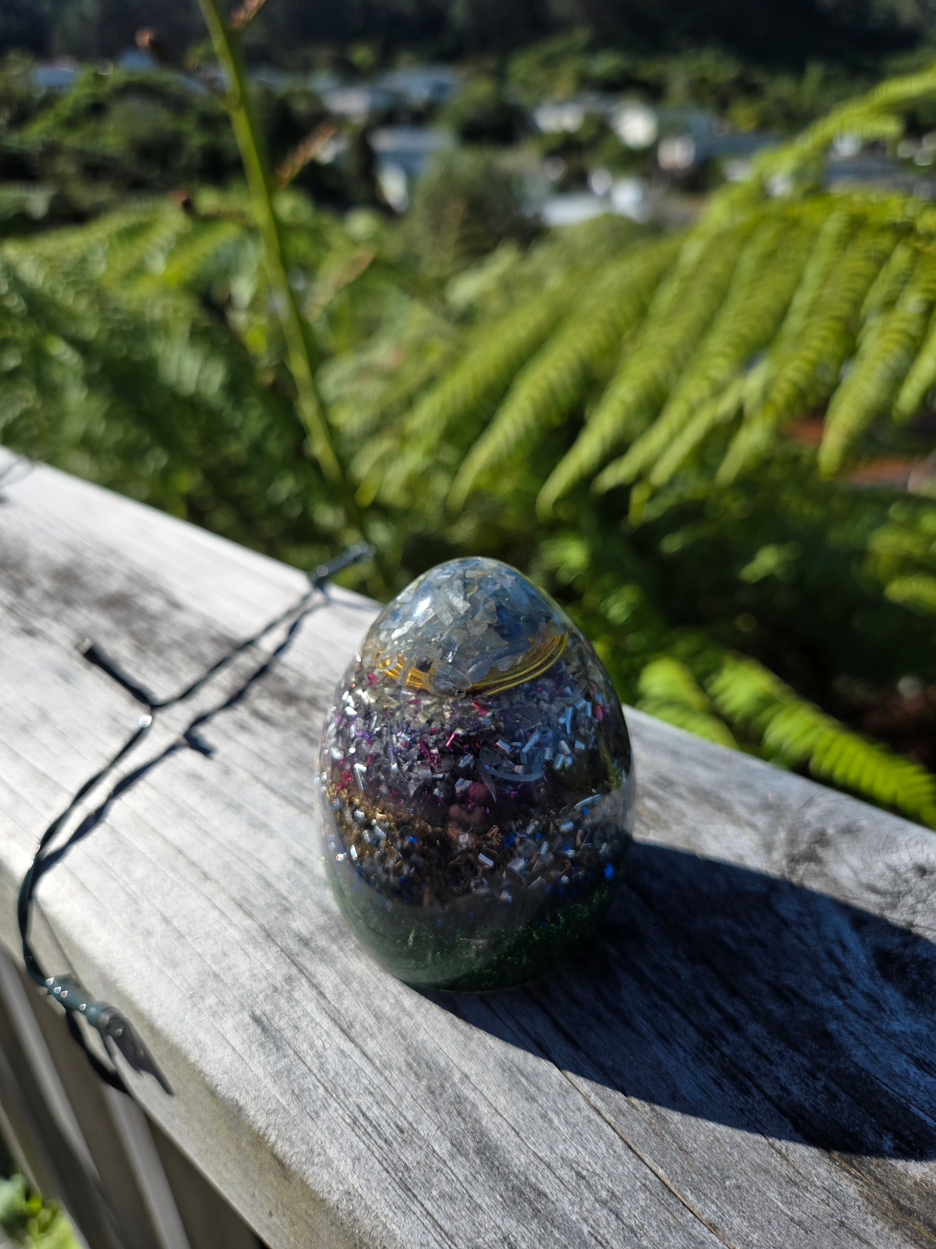 Blue Kyanite Orgonite Egg with Purple & Teal Glitter | Handmade Yin Yang Balance Piece