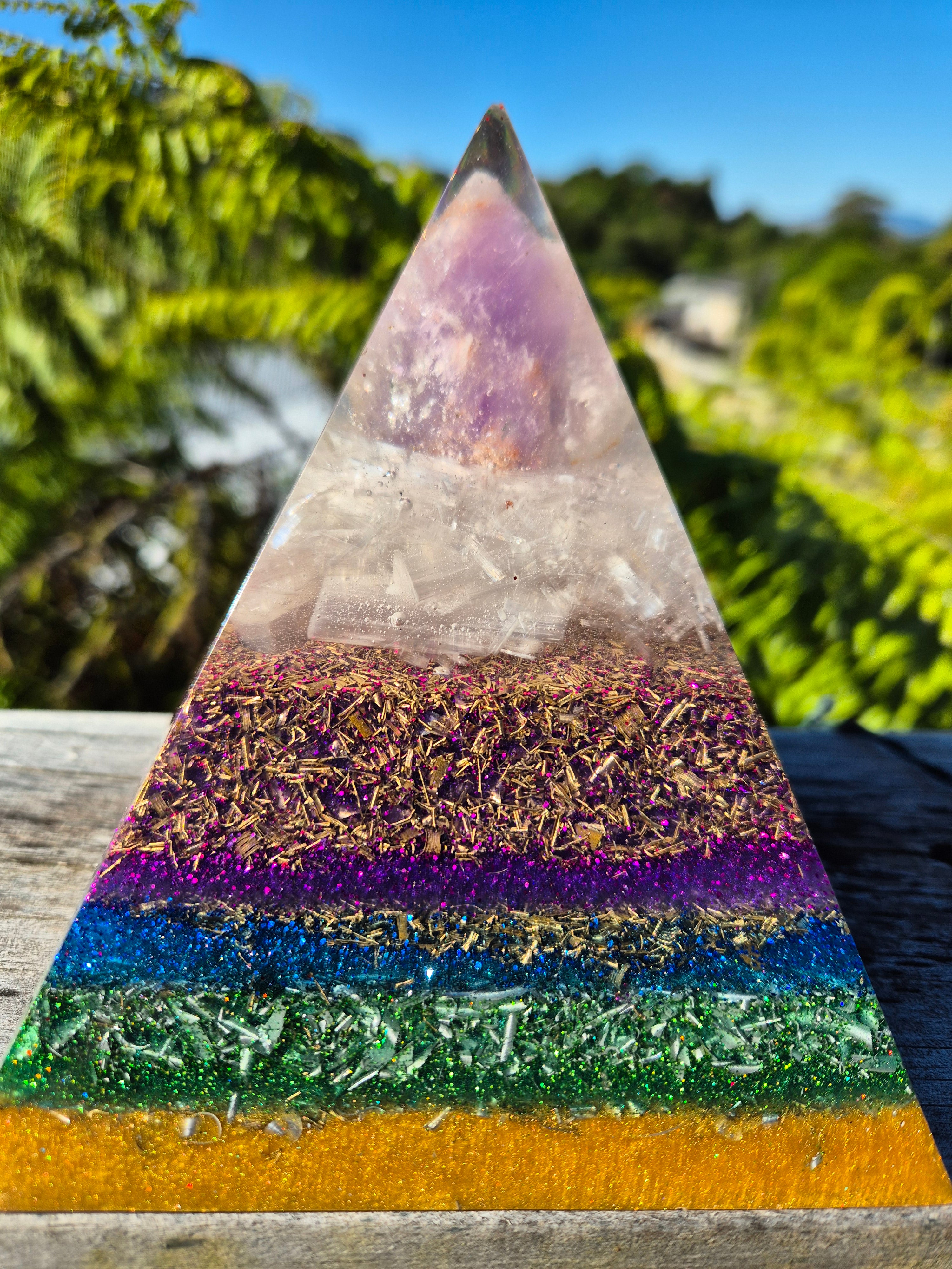 Large Purple & Gold Orgonite Pyramid with Amethyst & Selenite | Handmade Energy Harmoniser