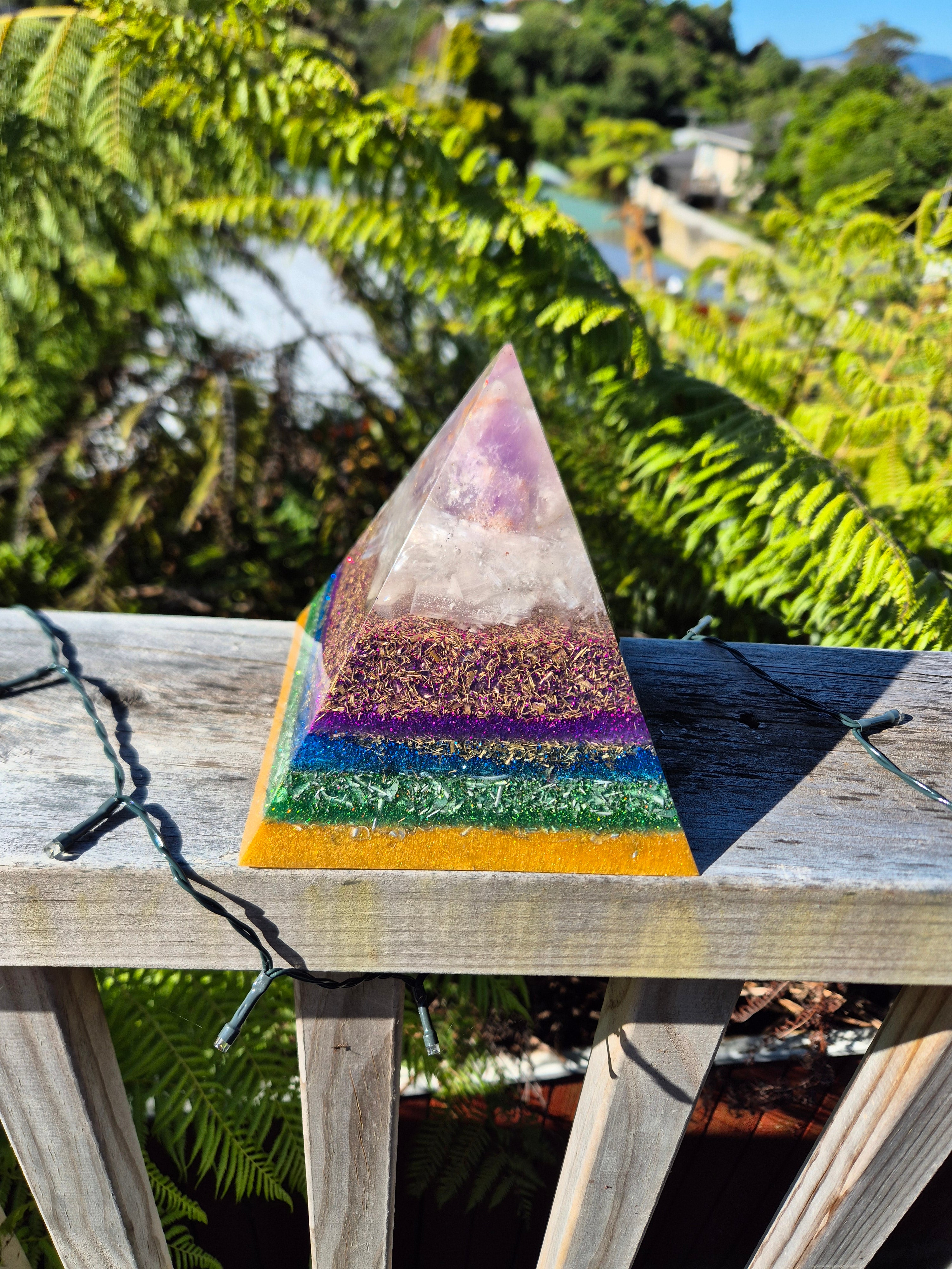 Large Purple & Gold Orgonite Pyramid with Amethyst & Selenite | Handmade Energy Harmoniser