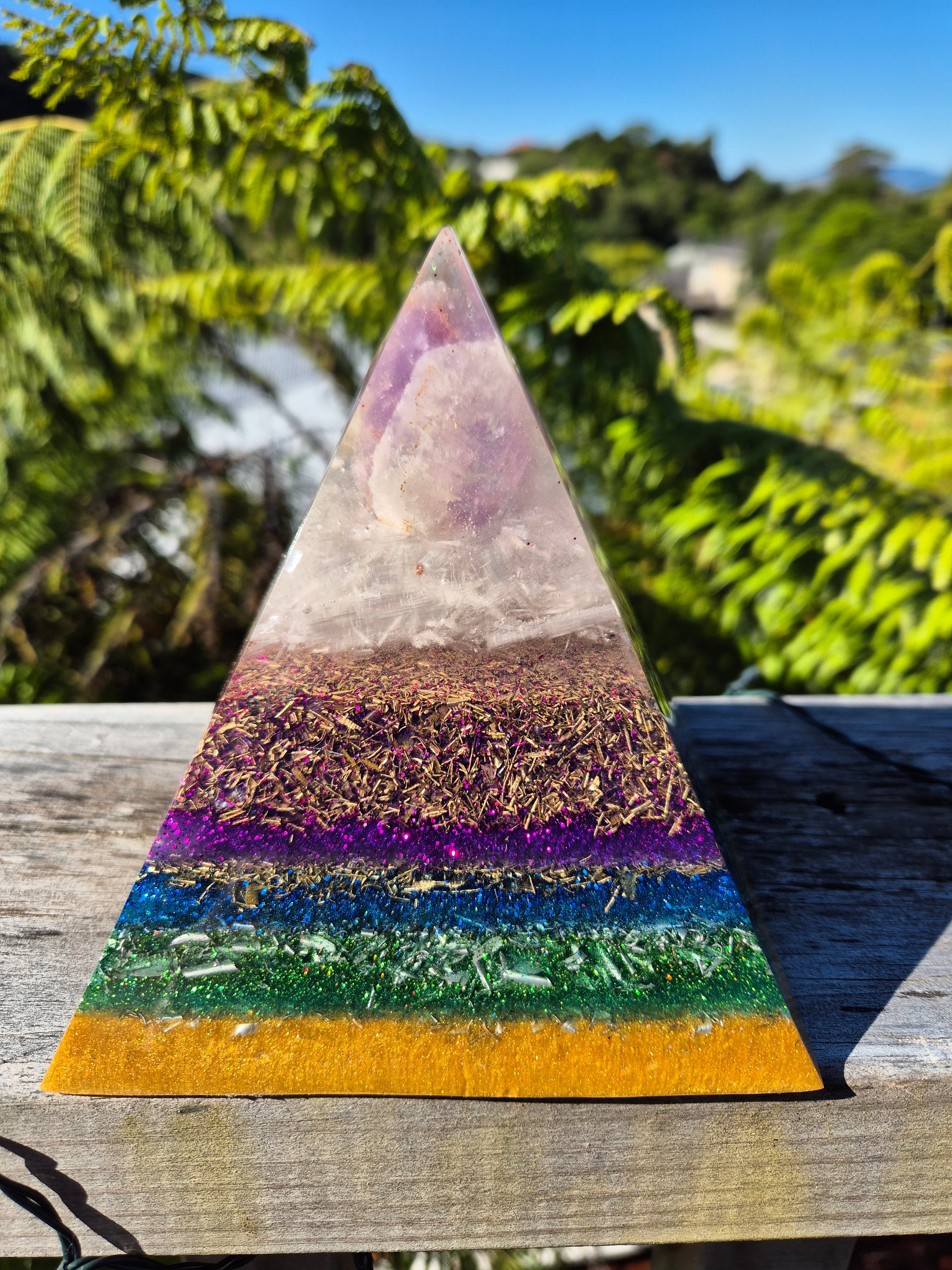Large Purple & Gold Orgonite Pyramid with Amethyst & Selenite | Handmade Energy Harmoniser