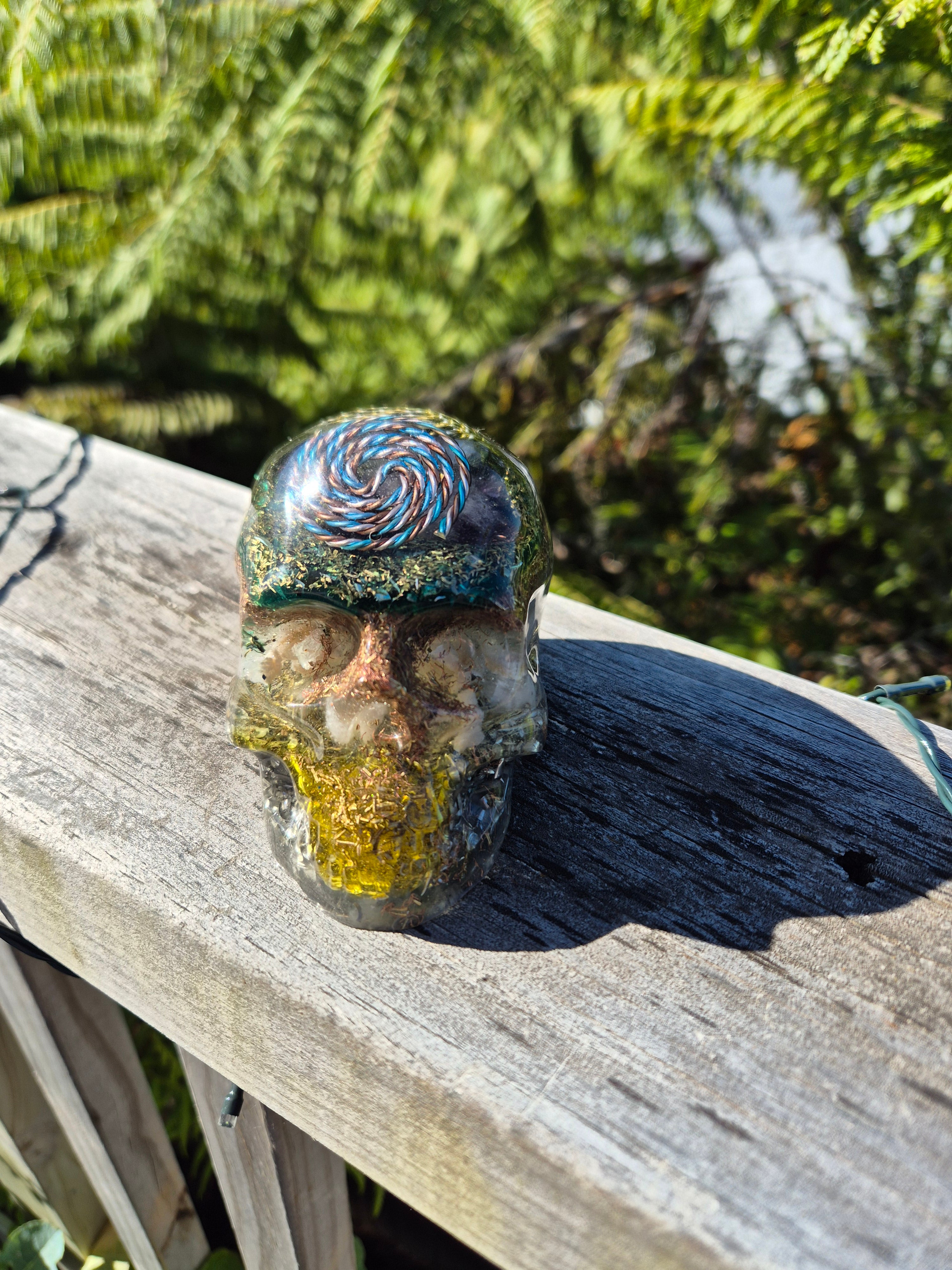 Colours: Green and Yellow Resin ShapeDarkGreen & Yellow Orgonite Skull with Dual Yin Yang Coils | Handmade Crystal Energy Sculpture