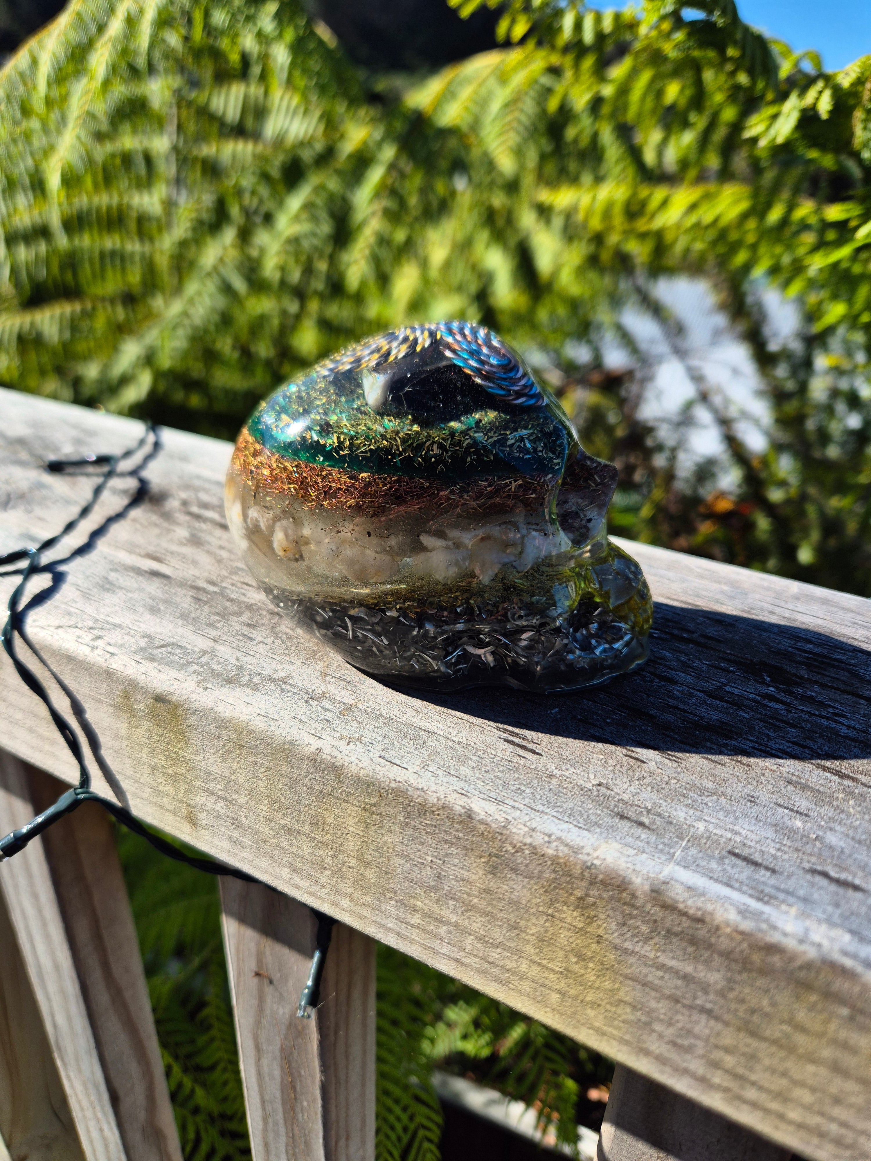 Colours: Green and Yellow Resin ShapeDarkGreen & Yellow Orgonite Skull with Dual Yin Yang Coils | Handmade Crystal Energy Sculpture