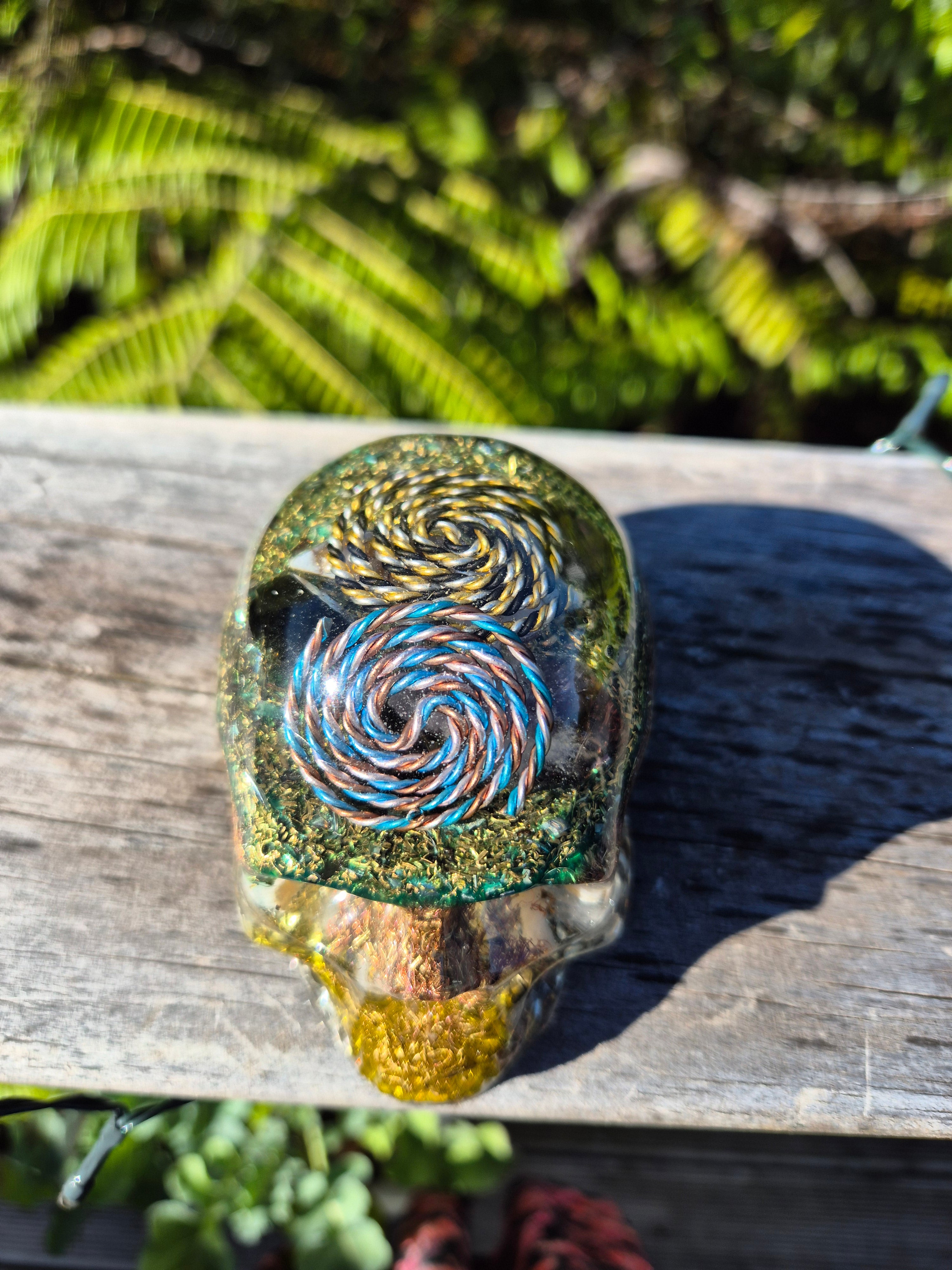 Colours: Green and Yellow Resin ShapeDarkGreen & Yellow Orgonite Skull with Dual Yin Yang Coils | Handmade Crystal Energy Sculpture