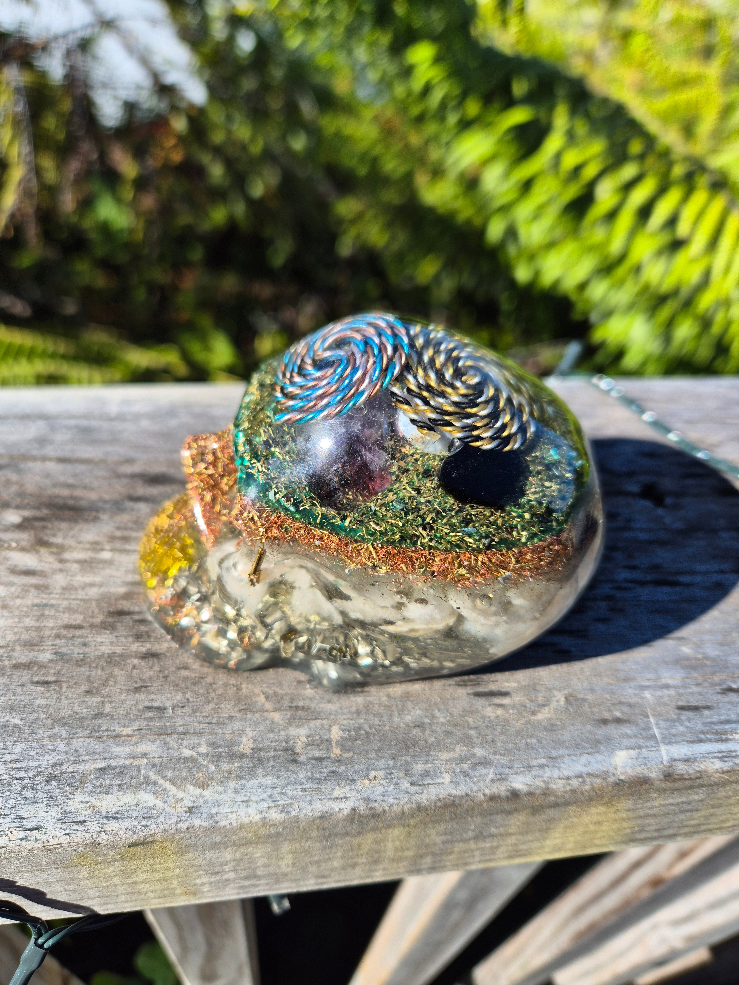 Colours: Green and Yellow Resin ShapeDarkGreen & Yellow Orgonite Skull with Dual Yin Yang Coils | Handmade Crystal Energy Sculpture